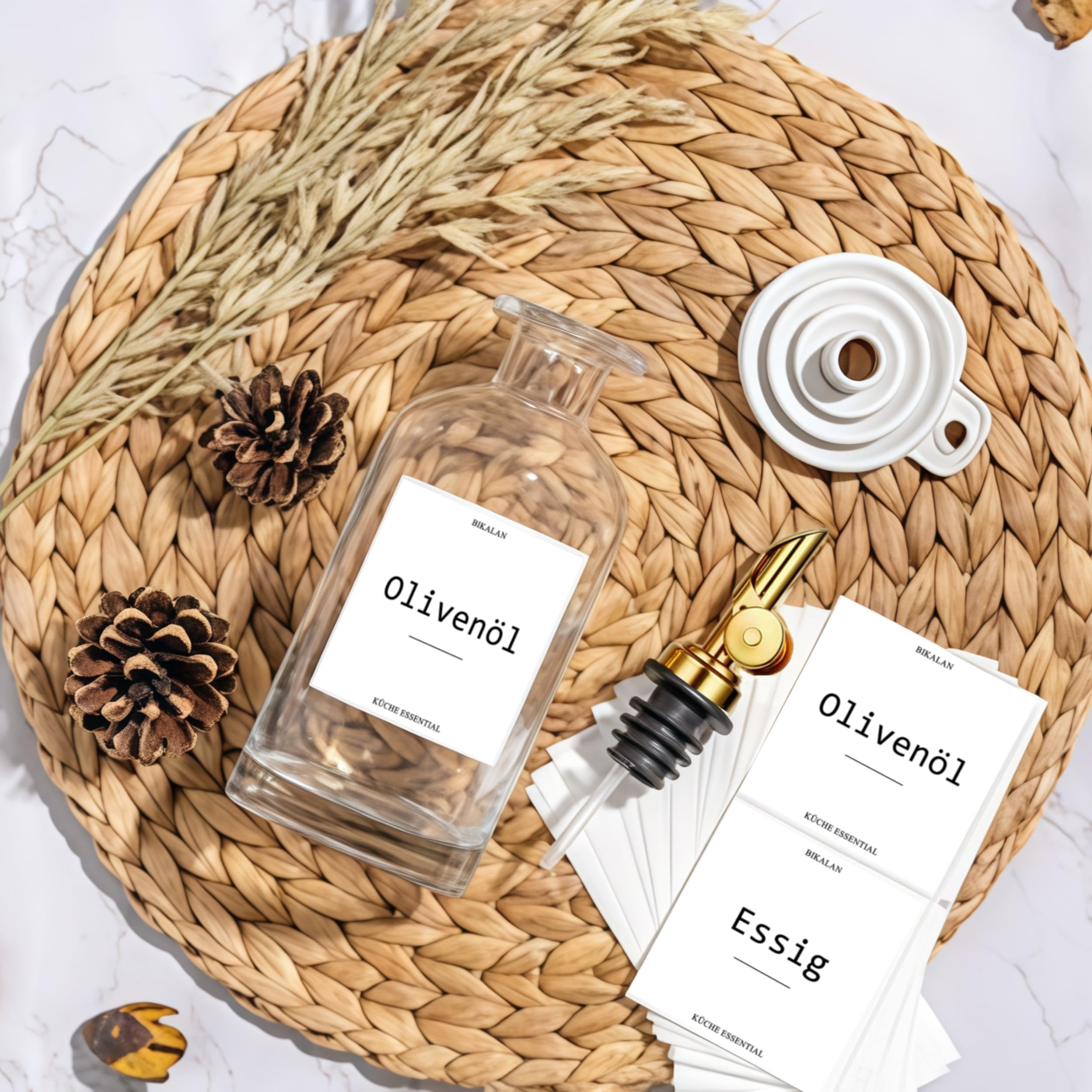 Bikalan Lot de 2 bouteilles d'huile de vinaigre et d'huile pour la cuisine, bouteille d'huile d'olive, distributeur d'huile, sirop de café, rince-bouche, entonnoirs, 2 paquets d'or