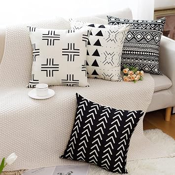 Aoomzoon Pillow Covers 18x18 Set of 4, Modern Boho Geometric Decorative Throw Pillow Covers, Cotton Linen Home Decor Cushion Cover for Couch Sofa Living Room Outdoor Car 18x18, Black