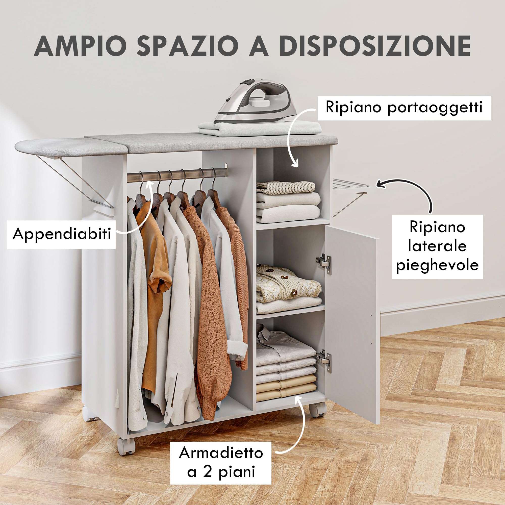 HOMCOM Mobile Asse da Stiro in Truciolato e Spugna con Piano d'Appoggio in Tessuto Effetto Lino, 3 Ripiani a Cubo e Guida per Appendere, per Lavanderia, Bagno, 127x42.5x99 cm, Bianco