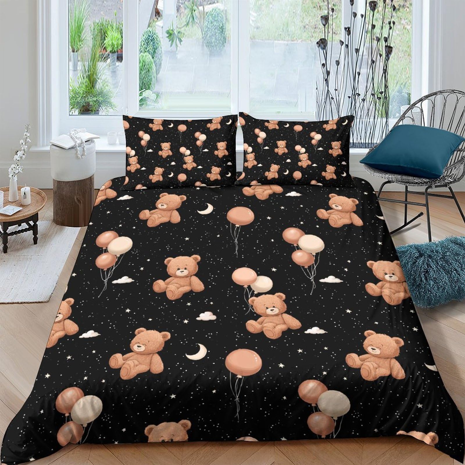 GPLZQXKJNH 3D Printed Teddy Bear Moon Duvet Cover Microfiber Soft Breathable Balloon Quilt Cover Set with 2 Pillowcases for Bedroom Home Decor Single（135x200cm）