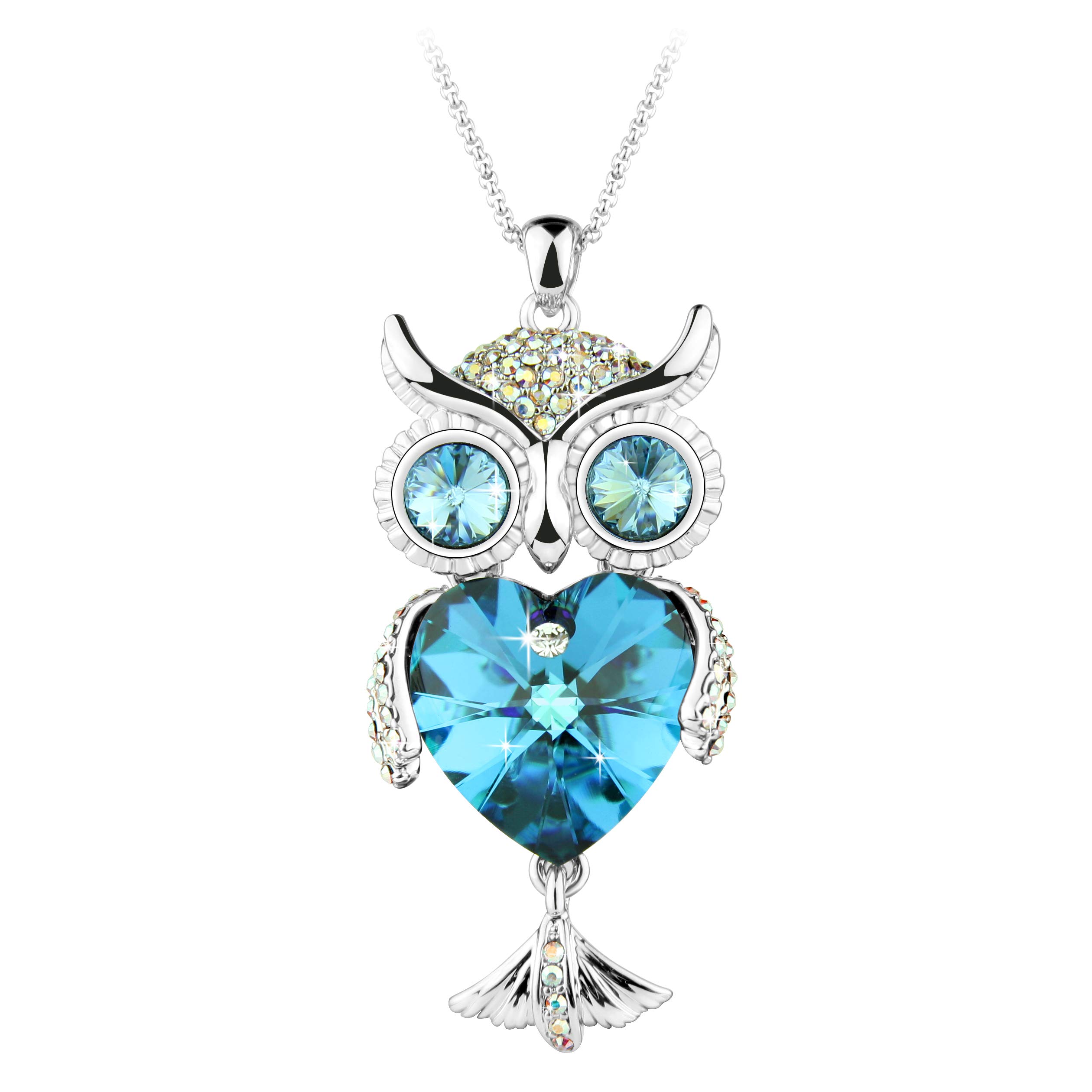 Owl Sweater Necklace Made with Heart Shaped Genuine Austria Crystals -Bermuda Blue