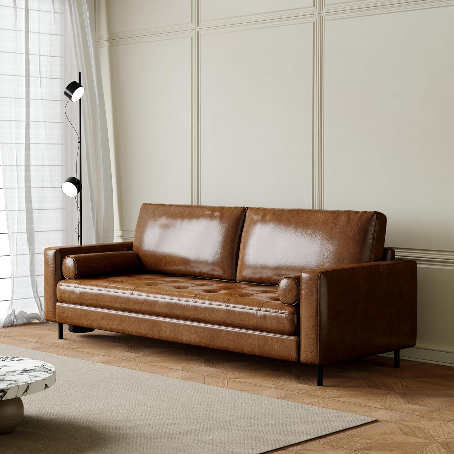 Modern Tan Leather Sofa Couch for Living Room – 3 Seater Comfy Sofa, Small Couch for Apartment, Office Sofa & Couches, Durable Pleather 3 Seat Couch