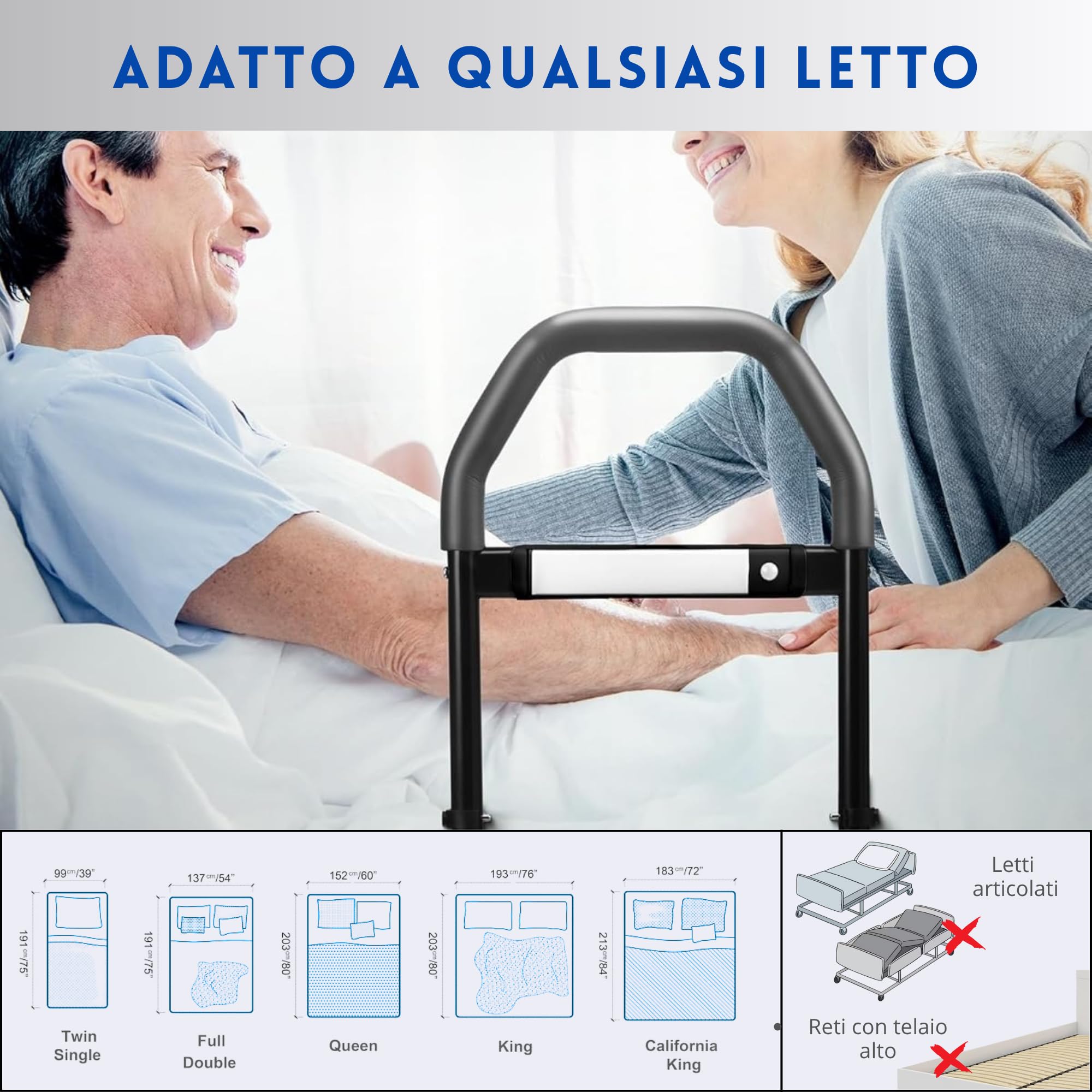Sponde Letto Anziani Anticaduta – Barriera Letto per Adulti – Sponda Letto Matrimoniale Universale – Sbarra di Sicurezza Robusta e Facile da Montare – Protezione Letto per Anziani