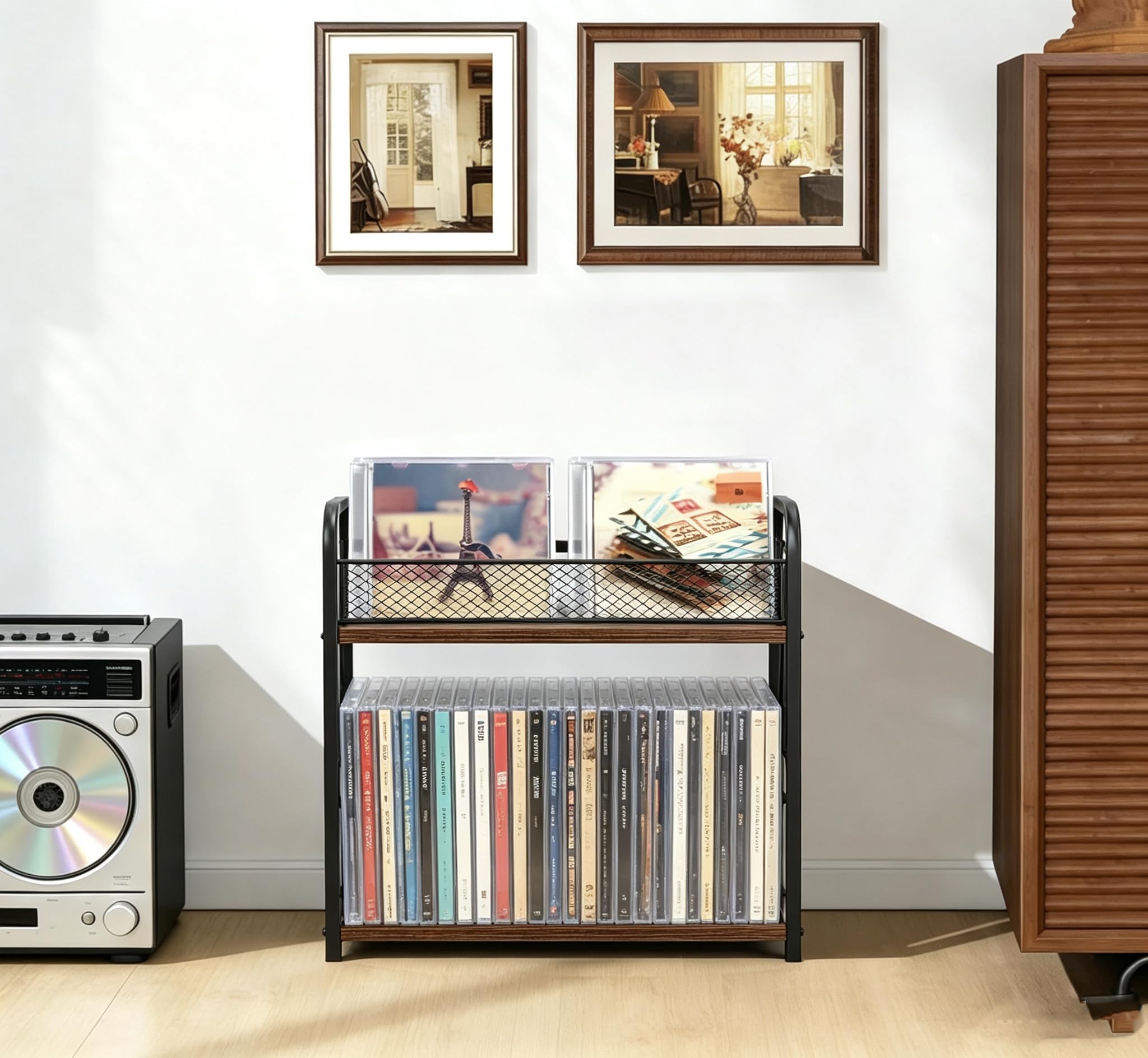 CD Ständer 2 Ebenen CD-/DVD Organizer Holz,CD Regal Aufbewahrung | Aufbewahrung CD DVD Regal, Kosmetik Organizer, Für Sammler und Spieler,32x30x15cm,Industrie Stil