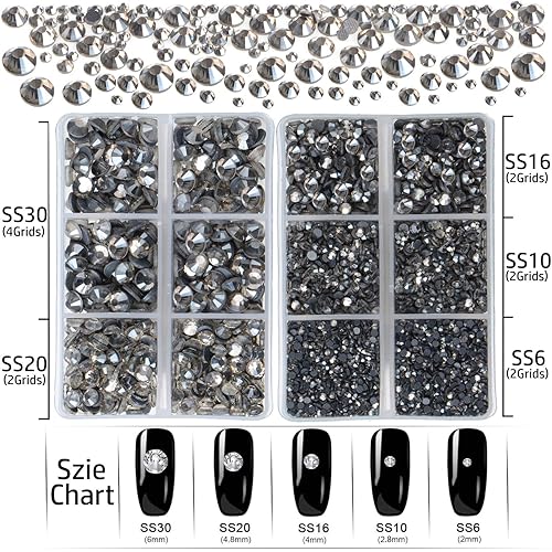 Miniatura 4 de LPBeads - 6400 unidades de diamantes de imitación termoadhesivos color negro transparente con parte trasera plana, 5 tamaños mixtos, gemas de