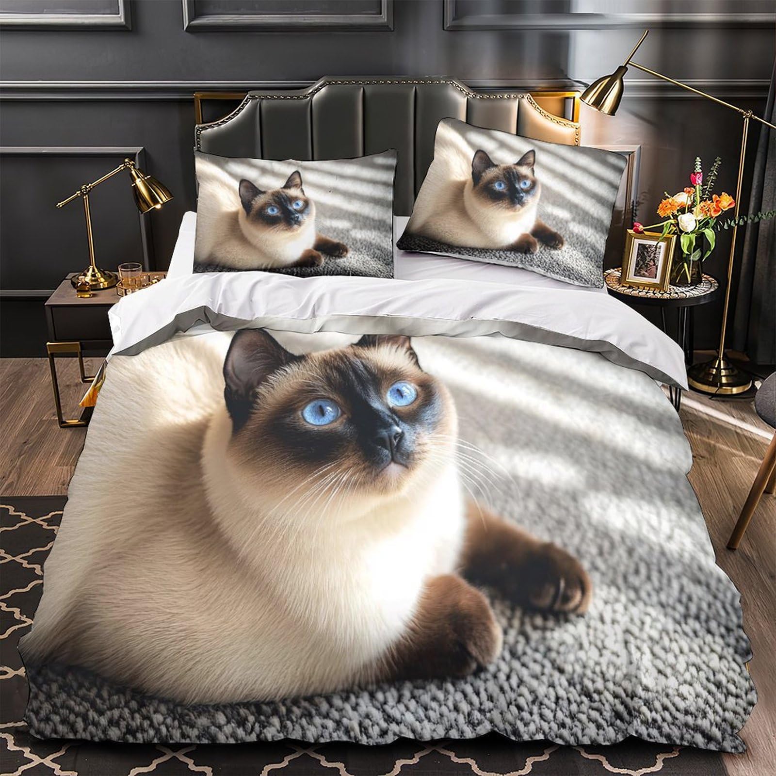 Siamese Cat Quilt Cover 3D Print Premium 3 Pieces Bed Set Hidden Zipper Blue Eyes Beauty Duvet Cover Extra Soft Wrinkle-Resistant for Adults Kids Teens Women Youth Teenagers Super king（260x220cm）