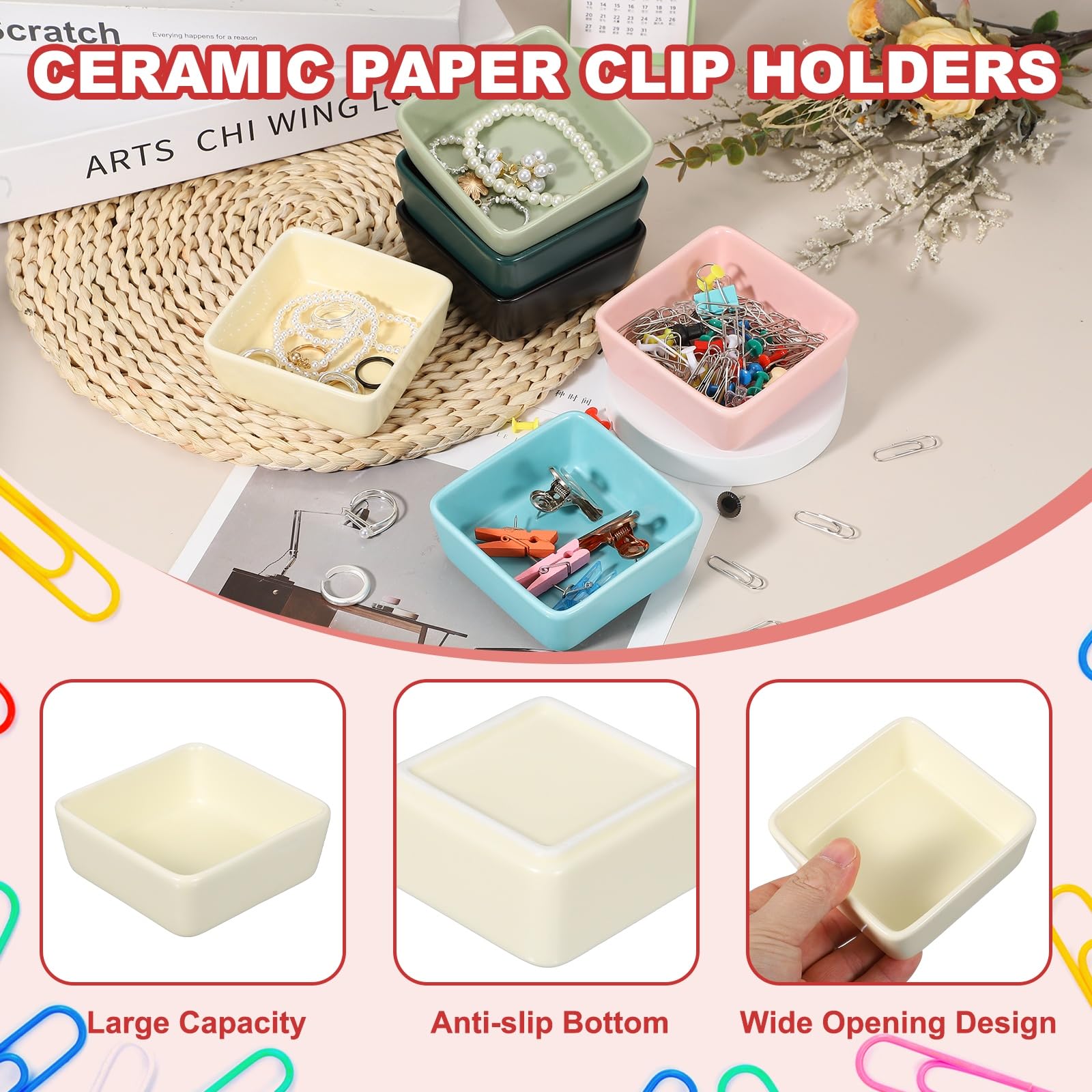 PATIKIL Square Paper Clip Holders, 2 Pcs Ceramic Clip Dispenser Organizer Desk Organizer Accessories for Office Desktop Decor Bobby Pin Binder Paper Clamp, Beige - Image 3