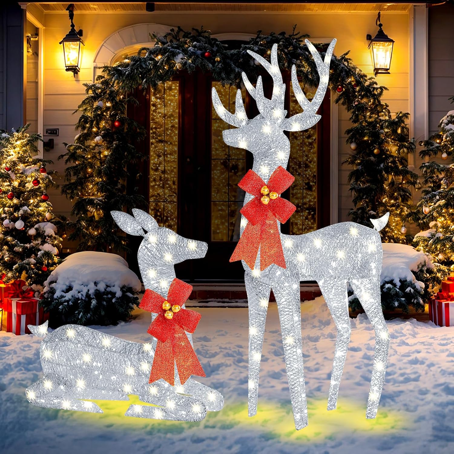 2 Pcs Lighted Christmas Deer Set 3.9 ft 2.6 ft Christmas Lighted Reindeer 3D Deer Christmas Decorations for Outside Xmas Holiday Outdoor Yard Garden Lawn Ornaments (Silver)