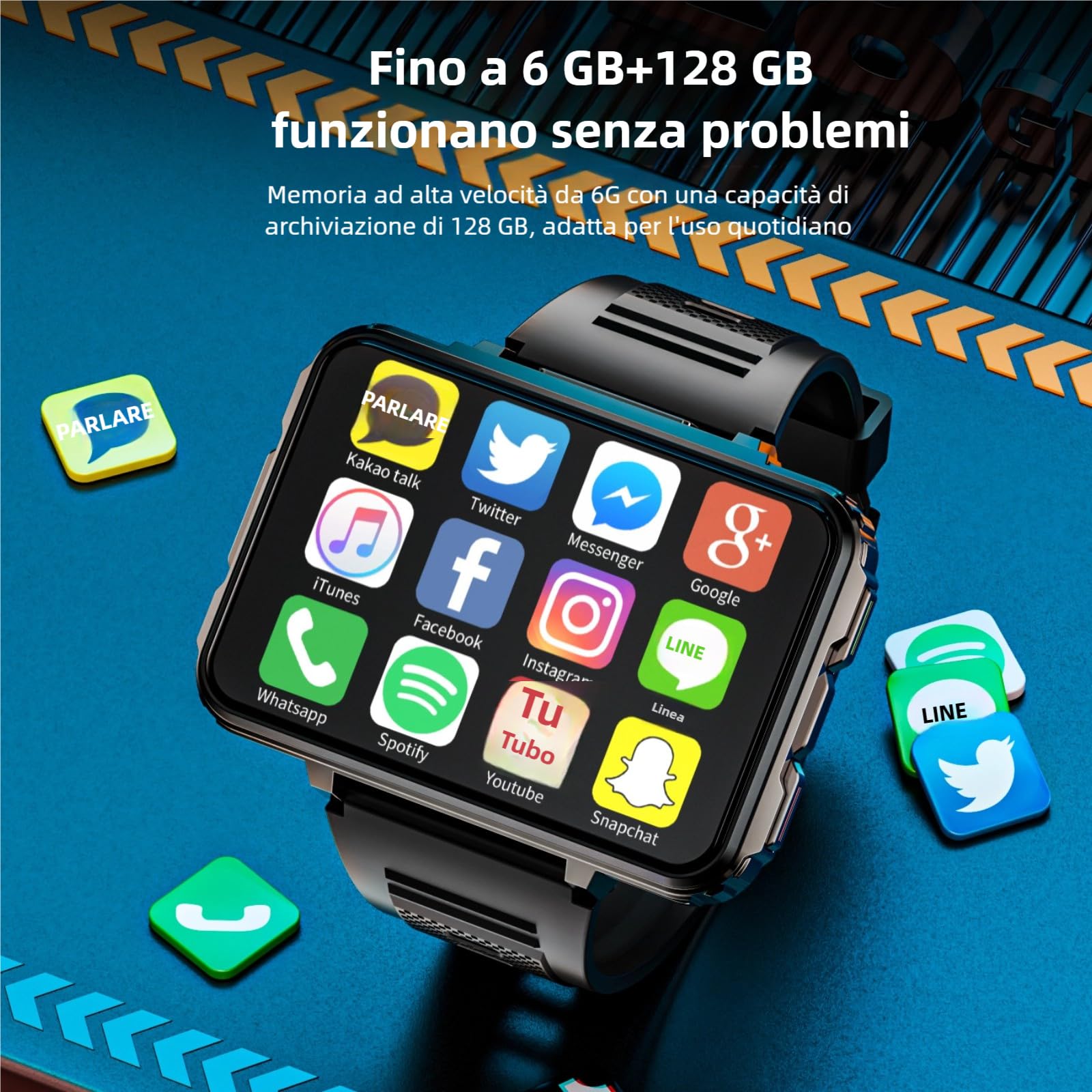 LOKMAT Smart Watch 4G, Chiamata Smartwatch Android da 6 GB+128 GB, Orologio sportivo con schermo grande da 2,4" 1500 mAh Doppia fotocamera WiFi Bluetooth GPS Smart Watch da uomo