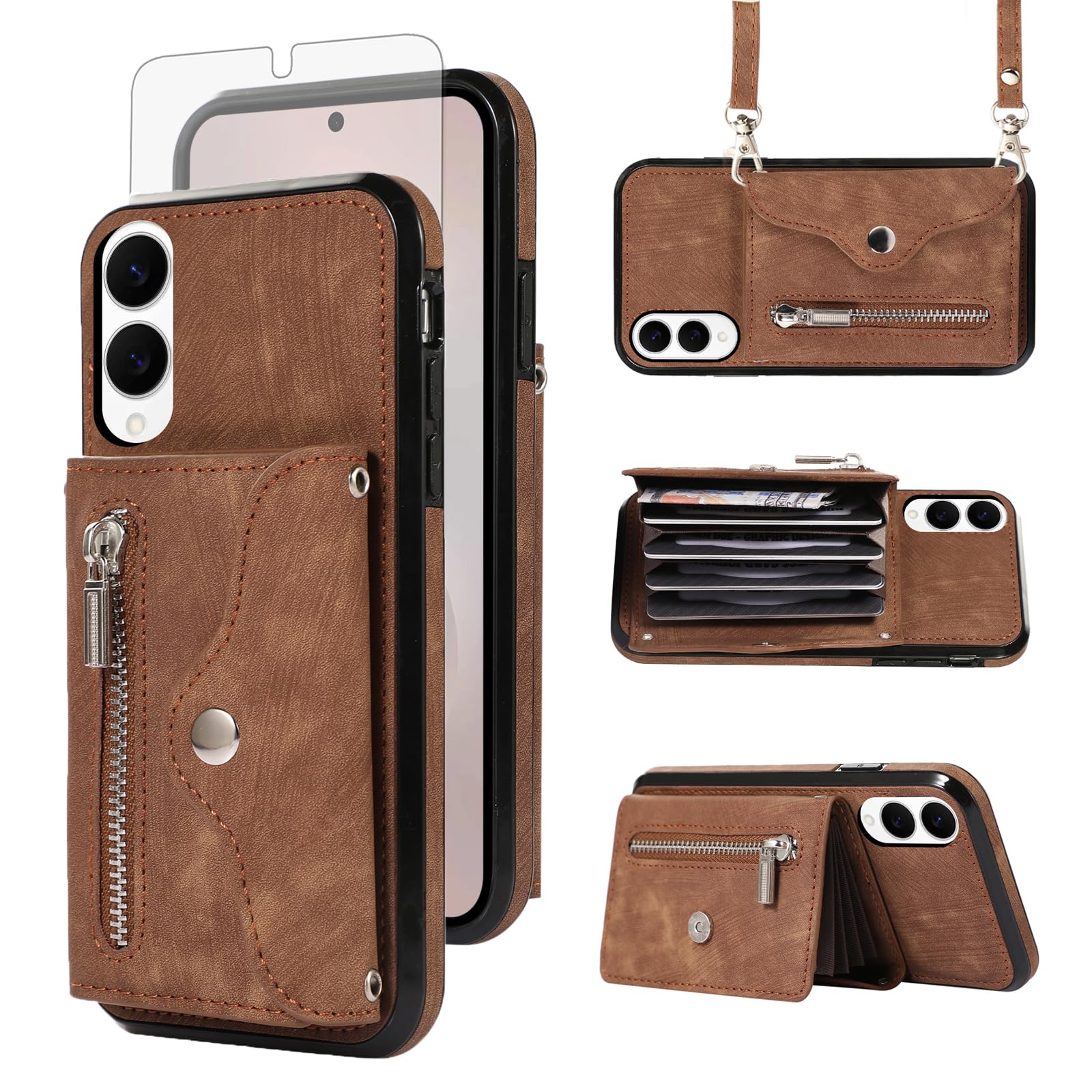 Phone Case for Samsung Galaxy S25 Edge 5G Wallet Cover and Tempered Glass Screen Protector with Wrist Crossbody Strap Lanyard Credit Card Holder