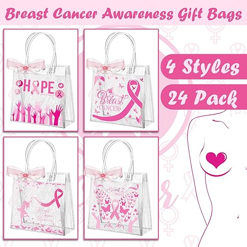 Miniatura 2 de Abbylike 24 bolsas de regalo para concientización sobre el cáncer de mama con asas, bolsas transparentes para el cáncer de mama, cinta rosa, bolsa