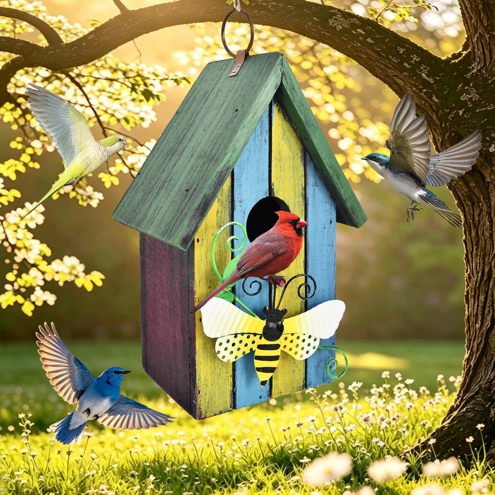 Casetta per uccelli decorativa in legno da appendere, dipinta a mano, per esterni, giardino, mangiatoia per uccelli per fringuelli, colibrì, cardinali, campanuli, passeri, cincate (ape)