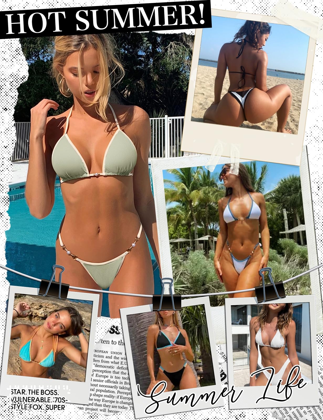 Nadeer Femme Maillot De Bain 2 Pièces Sexy Halter Triangle Bikini Élégant Pearl Réglable Corde à Cravate Ensemble De Swimwear De Plage Taille Basse String Bas de Bikini