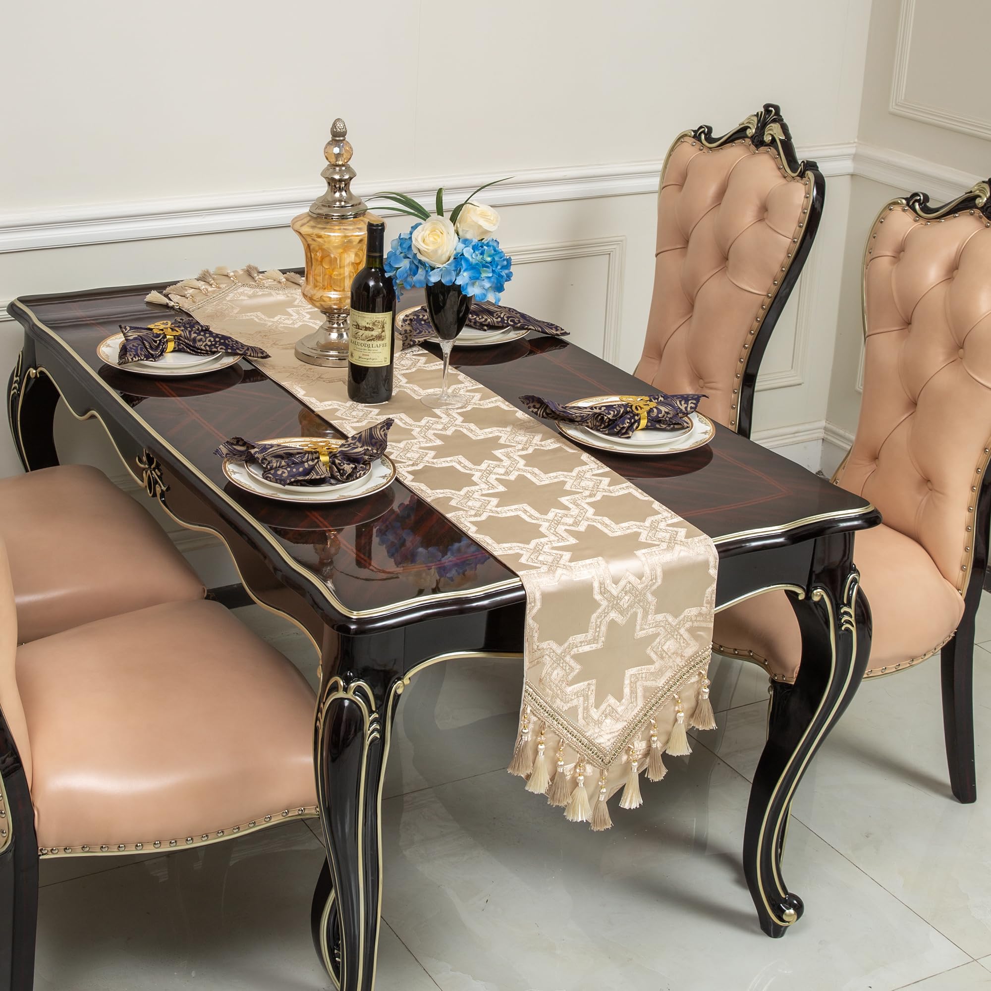 Mayler Yee Table Runner, Vintage Luxury Embroidered Floral Jacquard Damask Fabric with Multi-Tassels for Living Room Dresser Scarfs (Gold, 13x48inch ,Shield) โ image 1