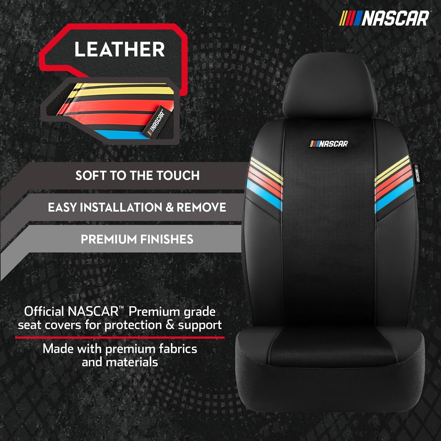 NASCAR Car Seat Covers, Black Leather and Mesh Seat Covers, Universal Fit Front Seat Covers for Cars with Airbag-Compatible Design, Durable Racing-Inspired Car Interior for Cars, Trucks & SUVs