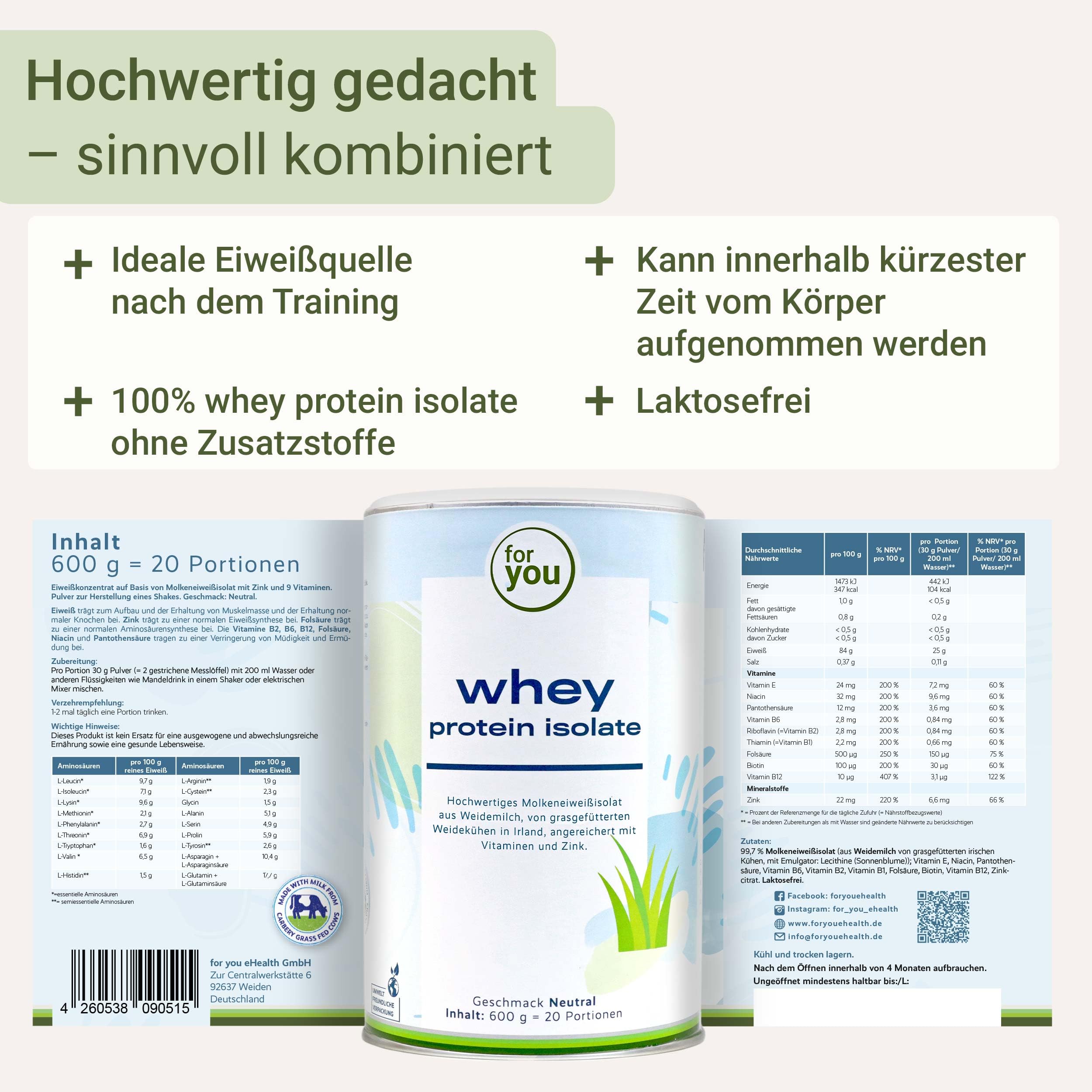 for you whey protein isolate Pur 2x600 g Doppelpack - Molkenprotein aus Weidemilch - Eiweißanteil 99,7% zum Muskelaufbau & mit allen essentiellen Aminosäuren - Laktosefrei Sojafrei - Proteinpulver