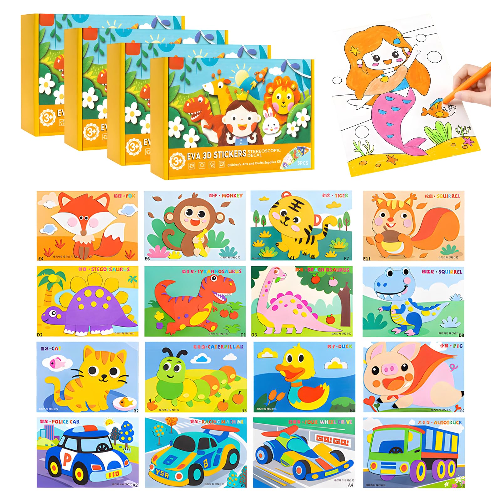 Pegatinas 3D De EVA Para Manualidades, 12 Unidades/Juego, Rompecabezas De Pegatinas, Dibujos Animados De Animales, Programa Educativo Para Niños Pequeños, Kits De Manualidades (Set of 4)