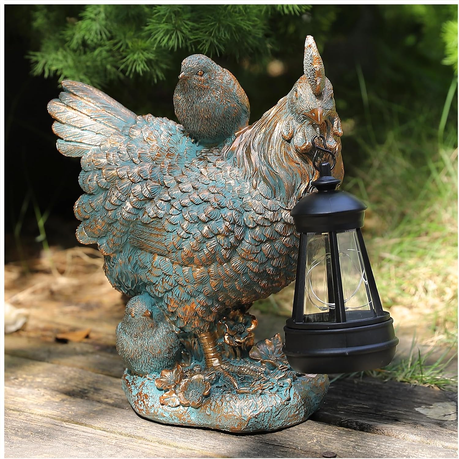 8.66" Solar Chicken Garden Statue with Lantern, Resin Hen with Chicks, Outdoor Garden Decor for Patio, Lawn, Yard, Entryway, Porch, Balcony, Cute Animal Sculpture Perfect for Women, momther