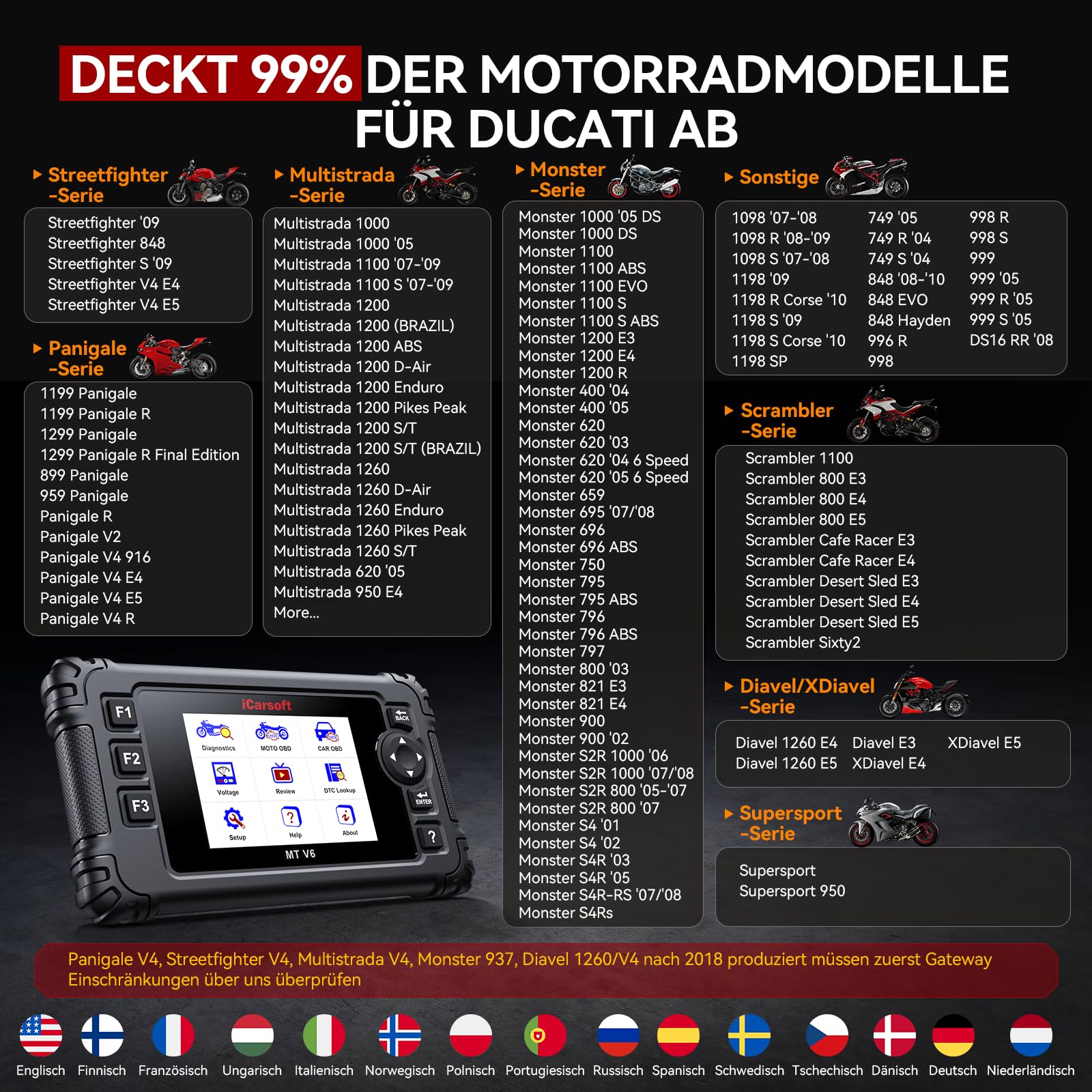 iCarsoft MT V6 Motorrad Diagnosegerät für Ducati, OBD2 Scanner, Vollsystemdiagnose, 153 Wartungsdienste, 112 Bidirektionale Tests, Fehlercodes Auslesen & Löschen, Batterietest – Aktualisierte Version
