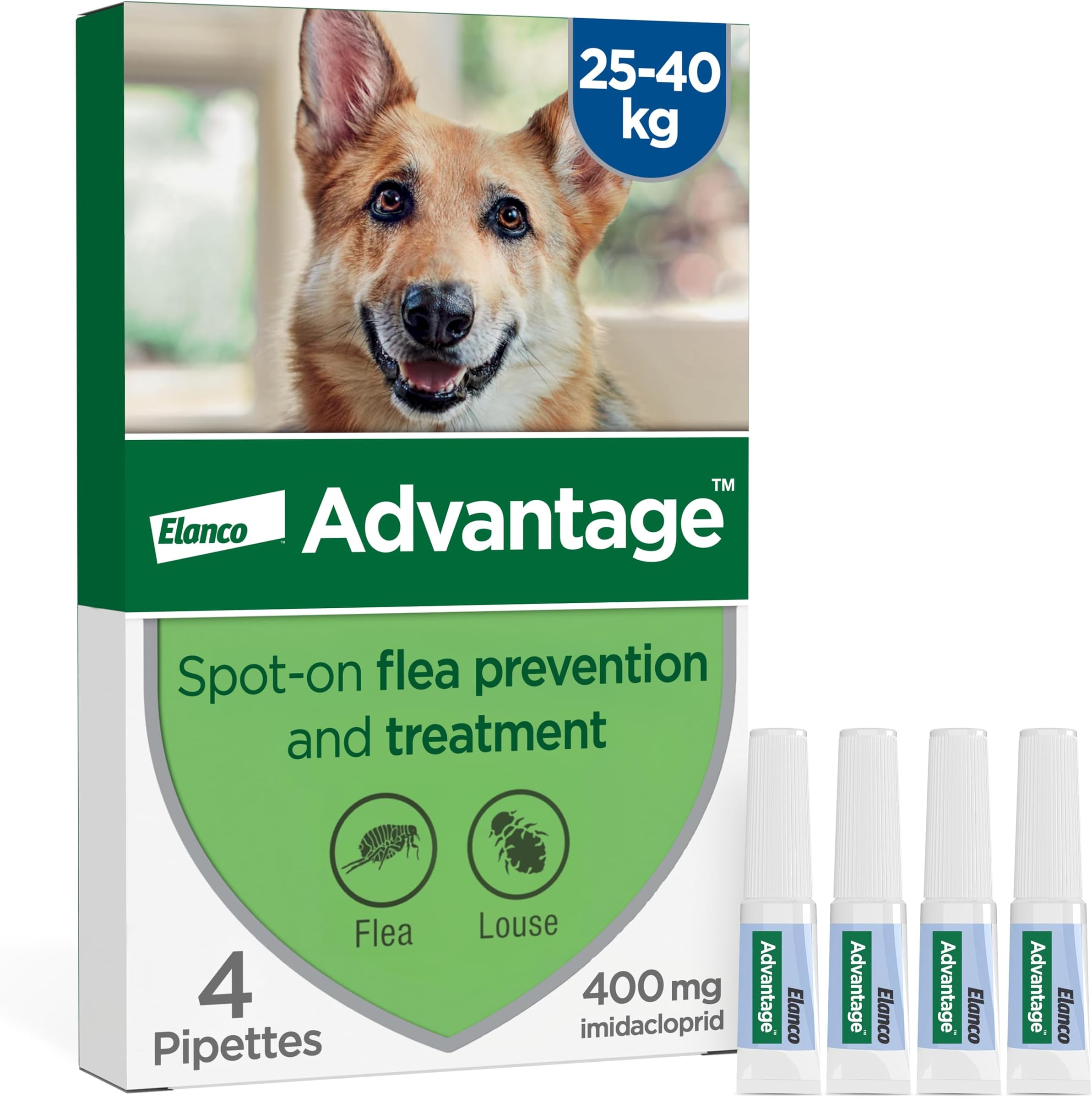 Spot On Flea Treatment For Extra Large Dogs 25 - 40kg (4 pipettes, 400mg), Kills Fleas Within 24 Hours, Prevents Further Infestation For Up To Four Weeks