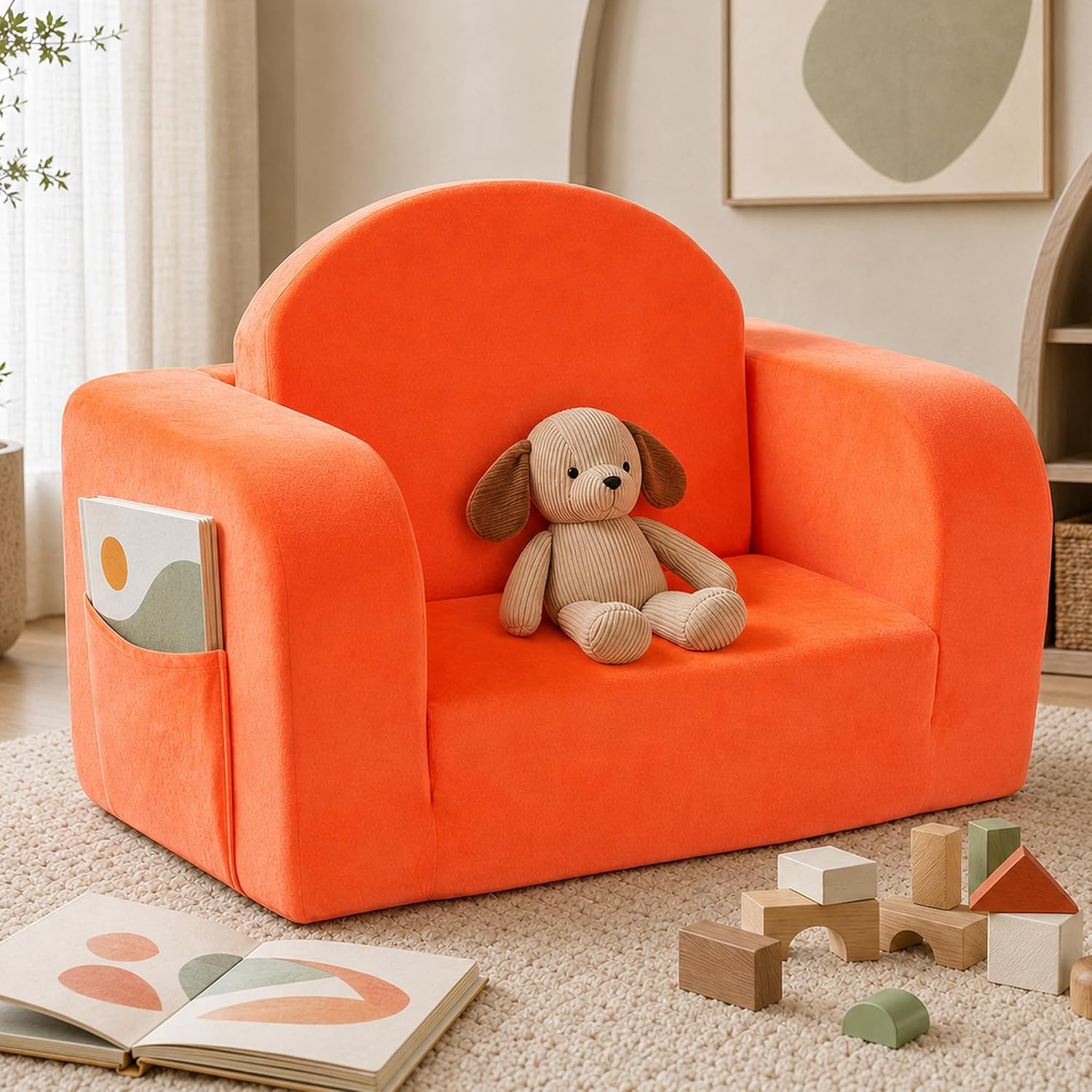 Kids Couch 2-in-1 Foldable Kids Couch, Starry Orange