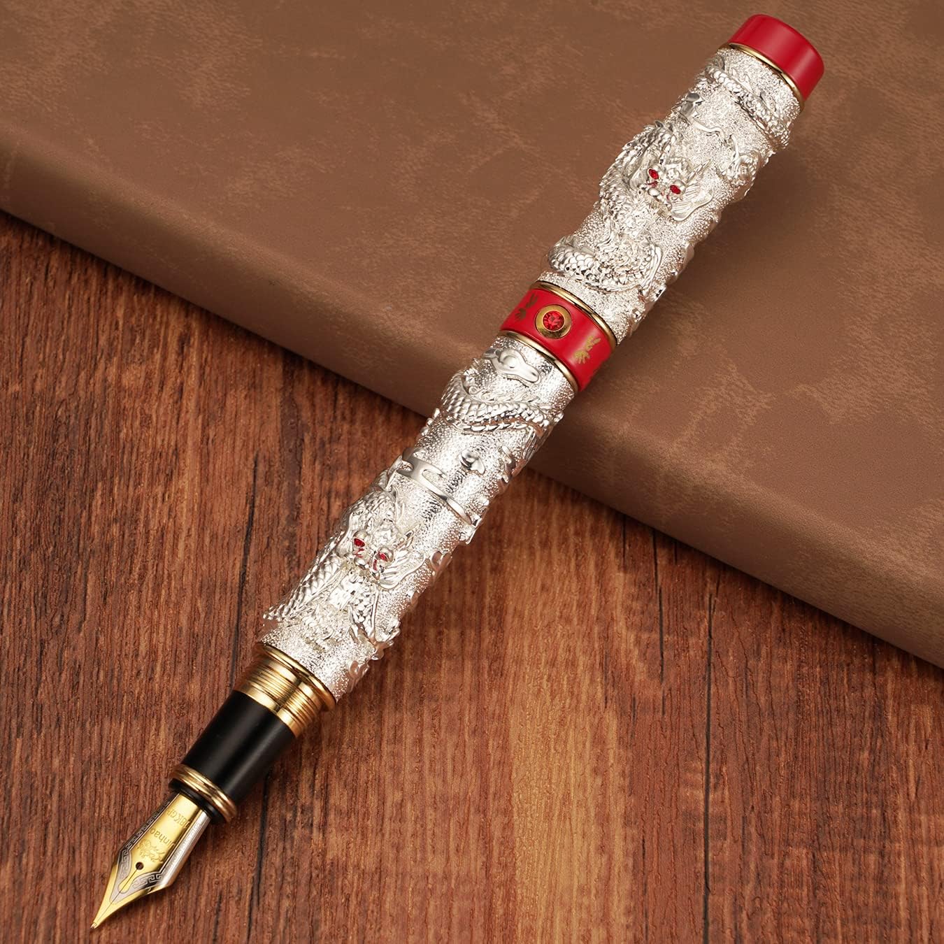 Silver Jinhao Vintage Luxury Dragon Fountain Pen Playing Pearl, Fine Nib 0.5mm Red Ring Metal Carving Embossed Heavy Pen