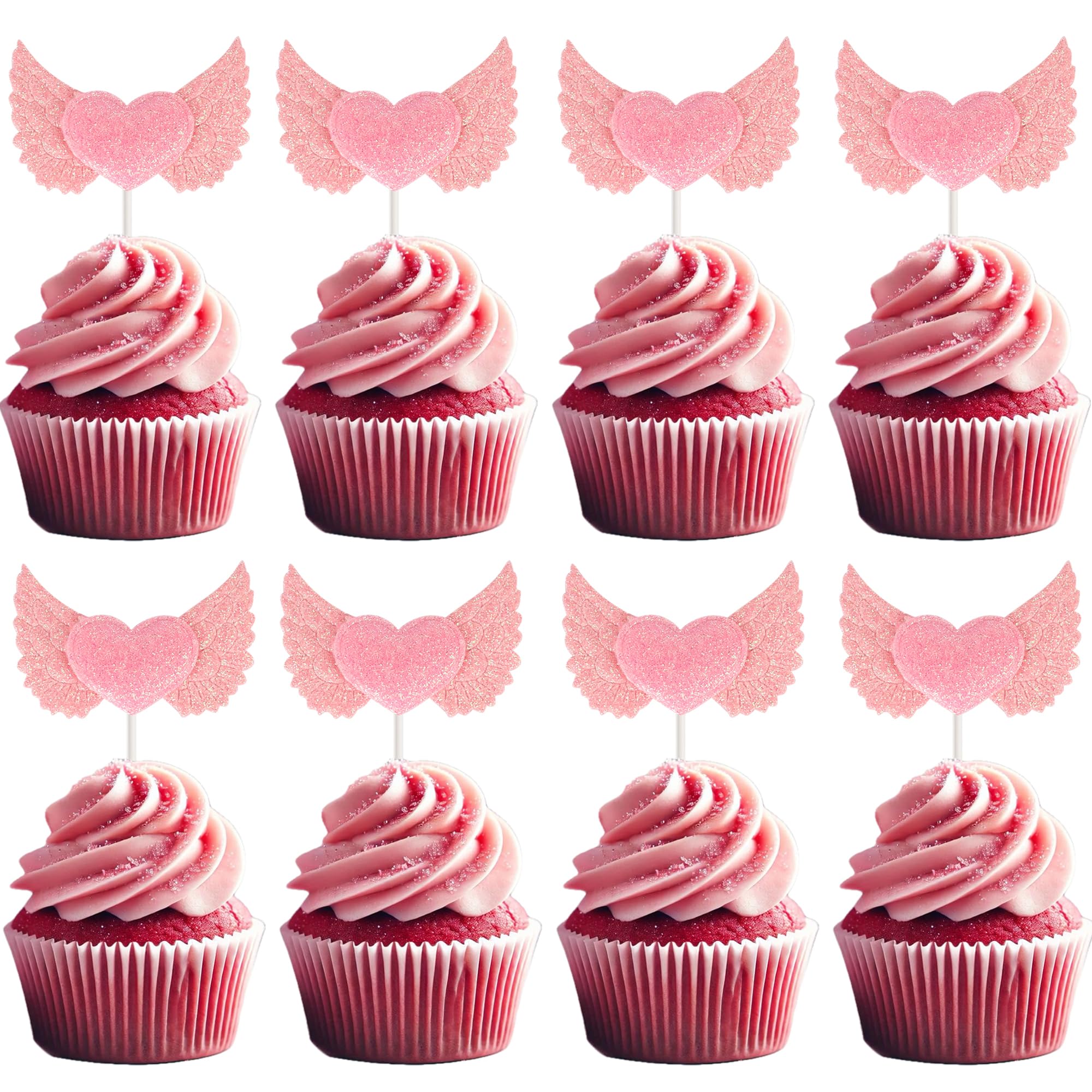 SYKYCTCY 30 Pack Love Heart Cupcake Toppers Sweet Love Heart Cupcake Picks Angel Wing Cake Topper Happy Birthday Wedding Engagement Baby Shower Cake Decorations Party Supplies