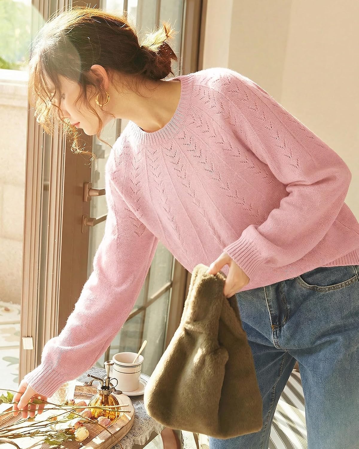 VALOLIA Womens Pullover Sweaters 2025 Long Sleeve Crewneck Casual Loose Pleated Knit Tops