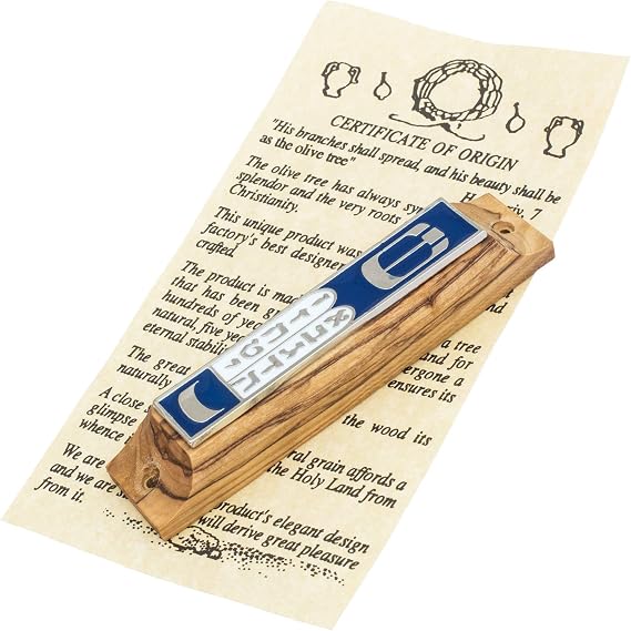 Mezuzah Car Door Auto Enamel Shin Olive Wood Ten Commandments Talisman Bethlehem Classic Case Non-Kosher Scroll Torah Jewish Judaica Square from Jerusalem Gift Box Women Men Prayer Shema Israel 3.8