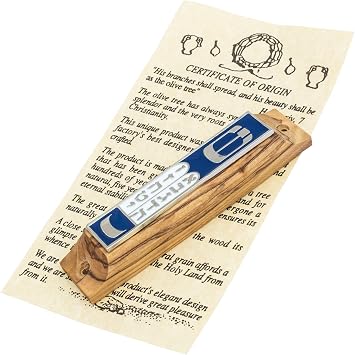 Mezuzah Car Door Auto Enamel Shin Olive Wood Ten Commandments Talisman Bethlehem Classic Case Non-Kosher Scroll Torah Jewish Judaica Square from Jerusalem Gift Box Women Men Prayer Shema Israel 3.8