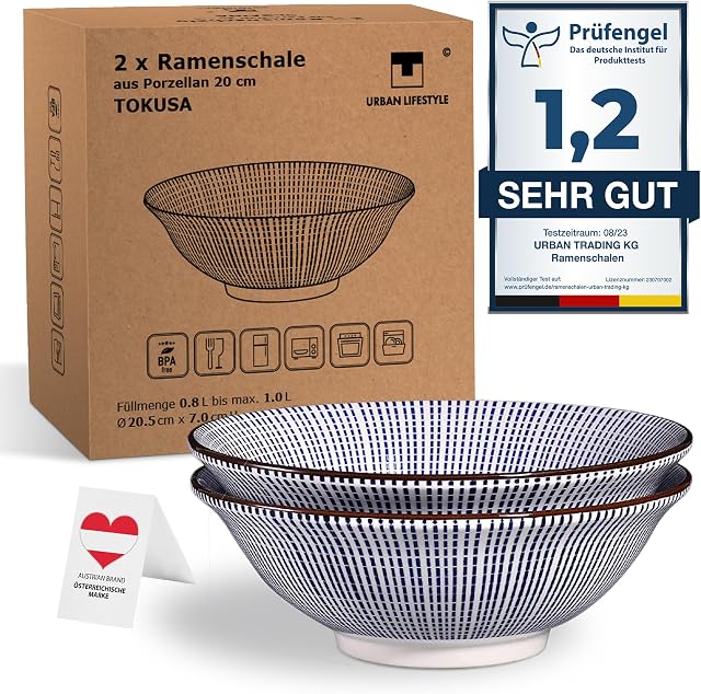 Urban Lifestyle 2 x porcelanowe miski do ramen, 20,5 cm, niebieski/biały, japoński wzór Tokusa