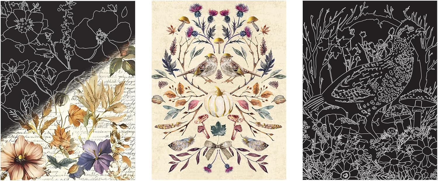 Brea Reese: Scratch Art Paper Pad - Woodland Songs - 6 Designs, Guided Art, Metallic Accents, Stylus & Brush, Perforated 9x12 Pages, DIY Adult Craft