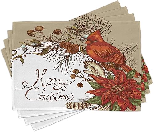 Lunarable Cardinal - Juego de 4 manteles individuales de tela lavable para mesa de comedor, tamaño estándar, diseño floral de flores de pascua y