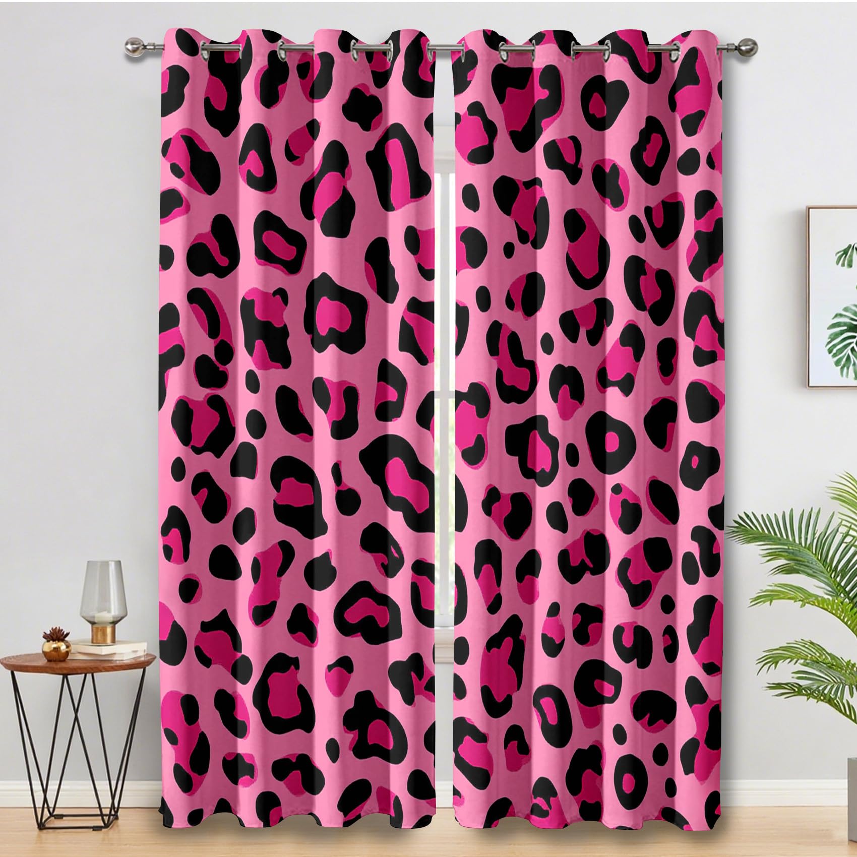 Pink Leopard Print Blackout Curtains for Living Room Bedroom, Cheetah Wild Animal Print Eyelet Thermal Window Treatments 90 Drop - 2 Panels 46 x 90 Inch, Home Decor pw&21