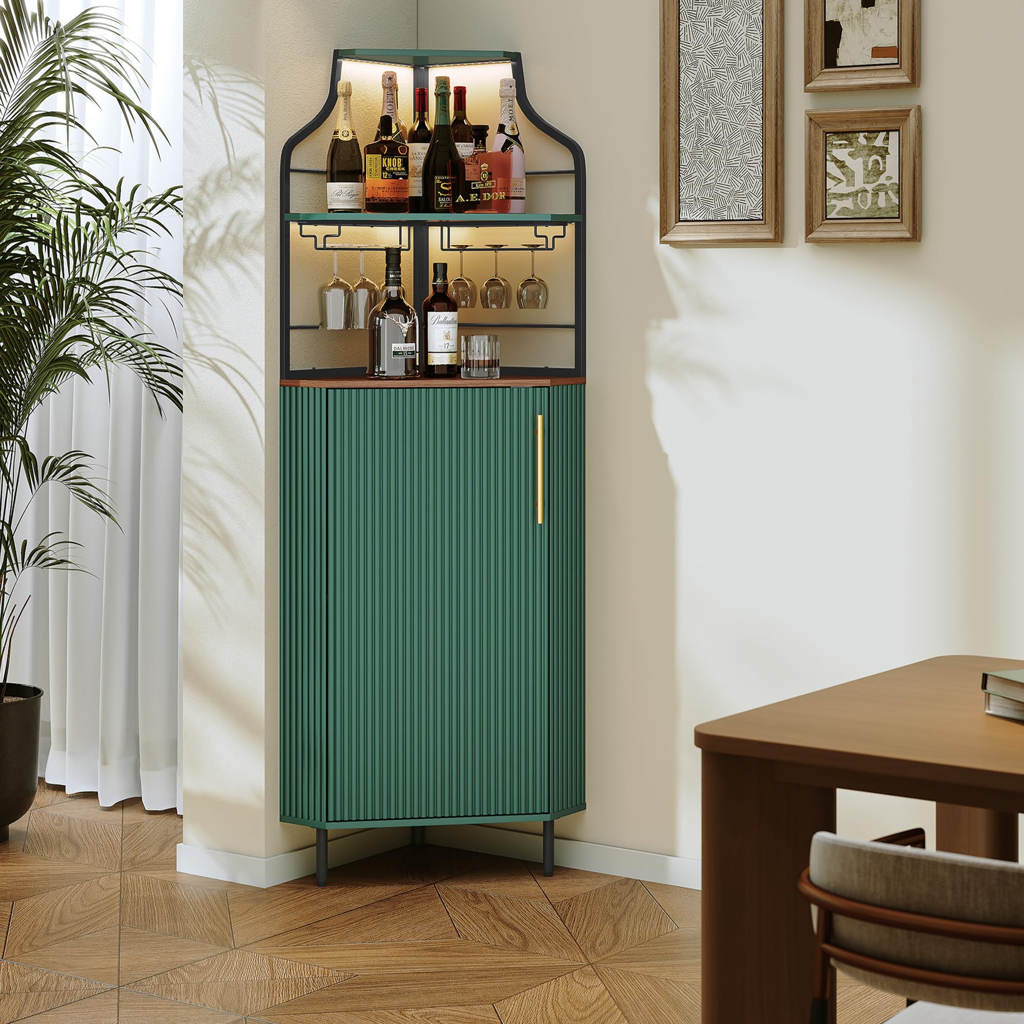 HOLTICO Barschrank, Weinschrank mit Verstellbarem Regal Eckschrank mit Glashalter Minibar für Küche, Wohnzimmer, Esszimmer (Grün)