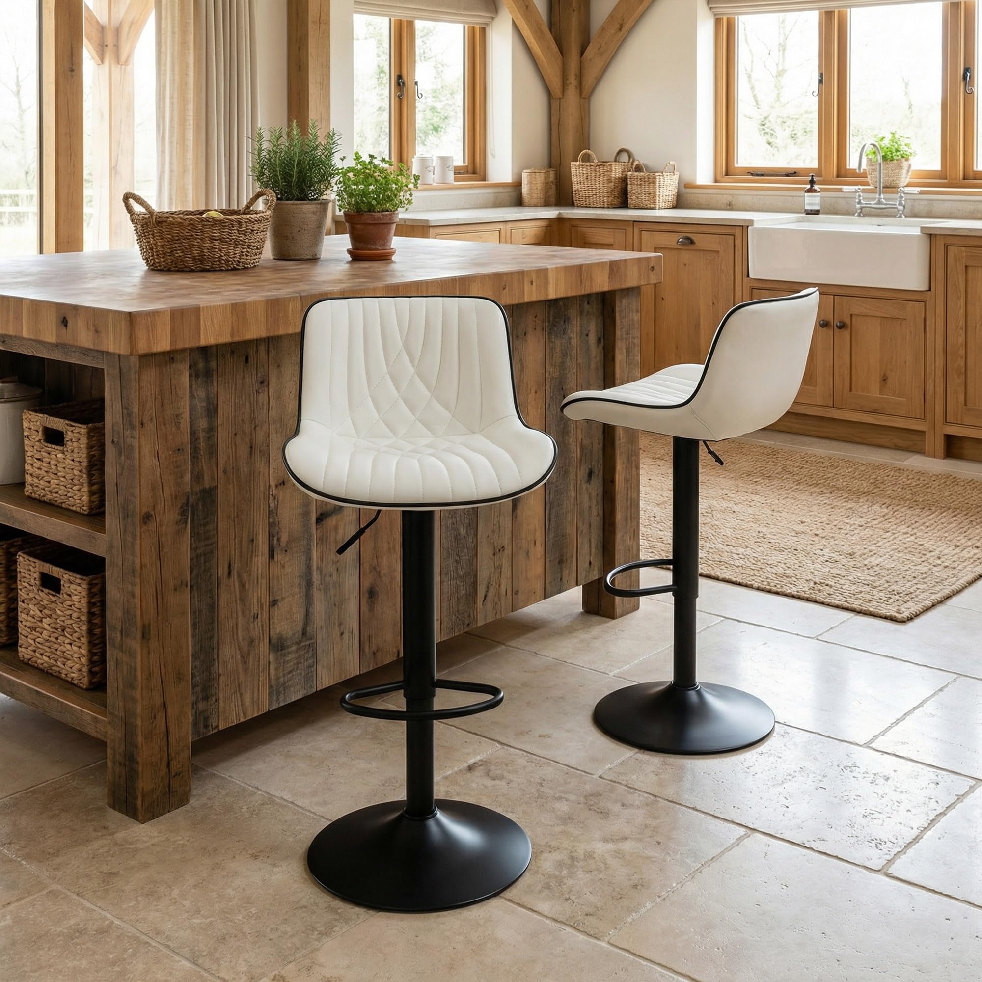 YOUTASTE Bar Stools Set of 2, Adjustable Swivel Counter Height Barstools with Back, White Faux Leather Upholstered Bar Chairs with Black Metal Base,