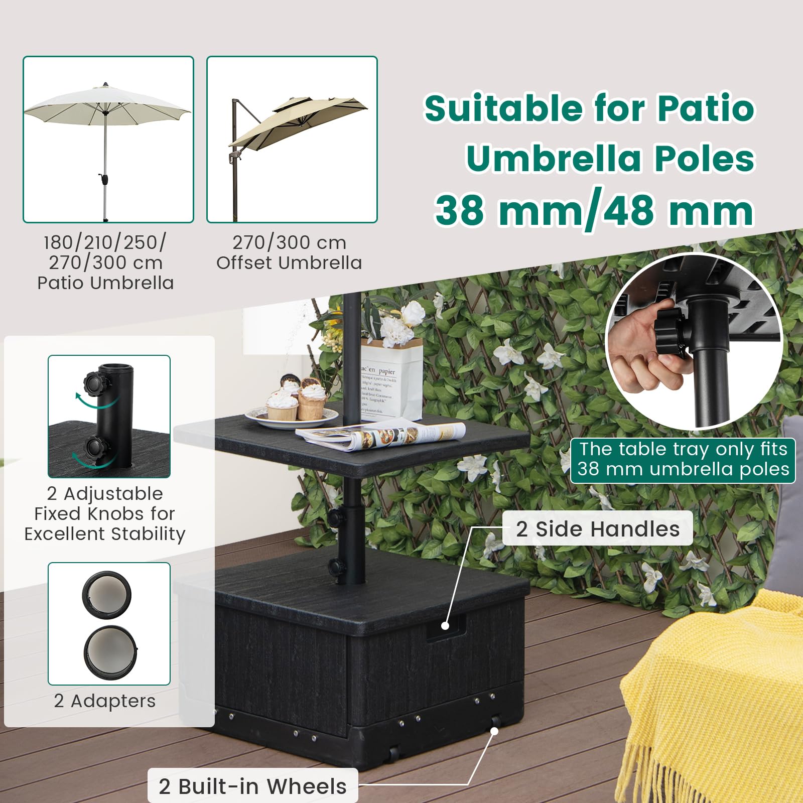 KOMFOTTEU Soporte para Sombrilla con Ruedas y Bandeja de Mesa, Base de Sombrilla Rellenable de 45L de Agua/67kg de Arena, Base para Sombrilla de 38/48 mm con Asa