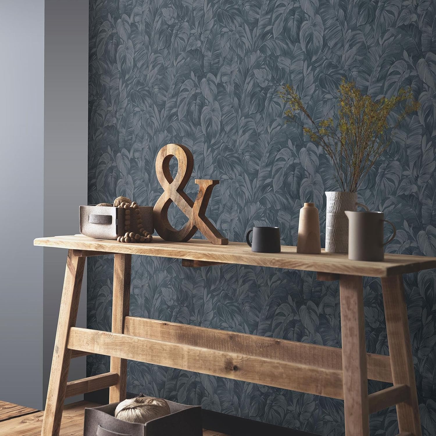 Play of Light Palm Leaf Textured Vinyl Wallpaper Navy Erismann 10416-08