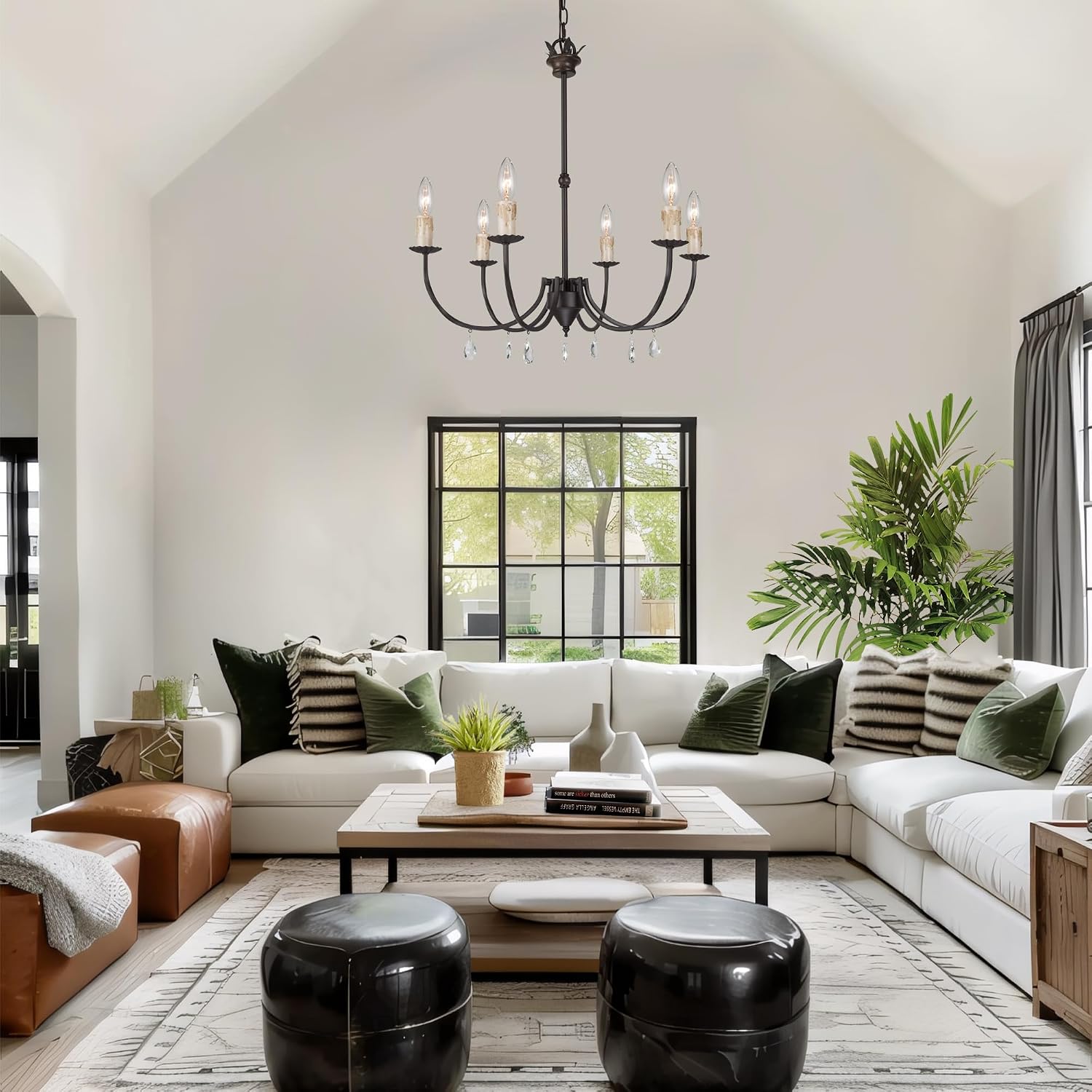 KSANA Brown Chandelier, Large Modern Farmhouse 6-Light Fixture with Crystal Pendants for Dining & Living Room, Bedroom, Foyer, and Kitchen