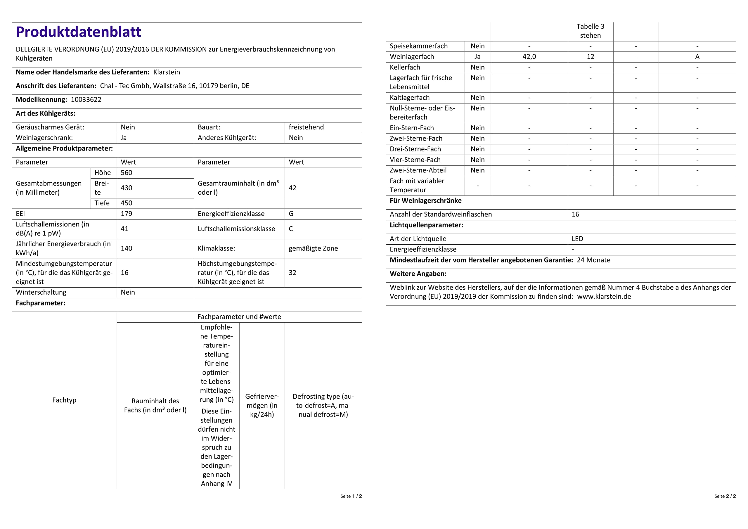 Klarstein Shiraz Slim Wine Fridge Energy Efficiency Class A 518°C 42