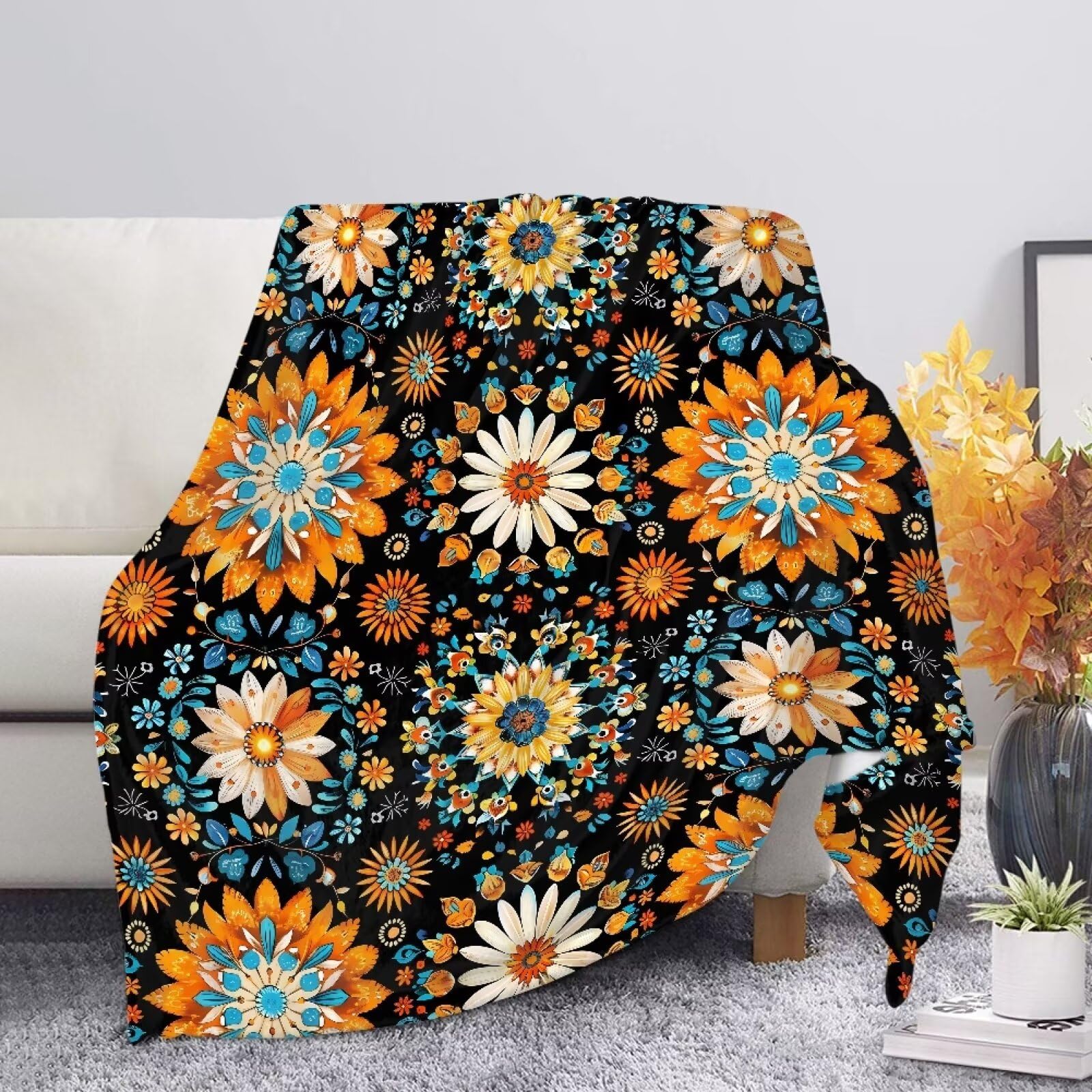 Allcute Retro Boho Floral Blanket Print Sofa Throws for Winter Fall Throw Blanket Black Lightweight Warm Flannel Fluffy Blankets for Couch Bed Living Room Decor โ image 1
