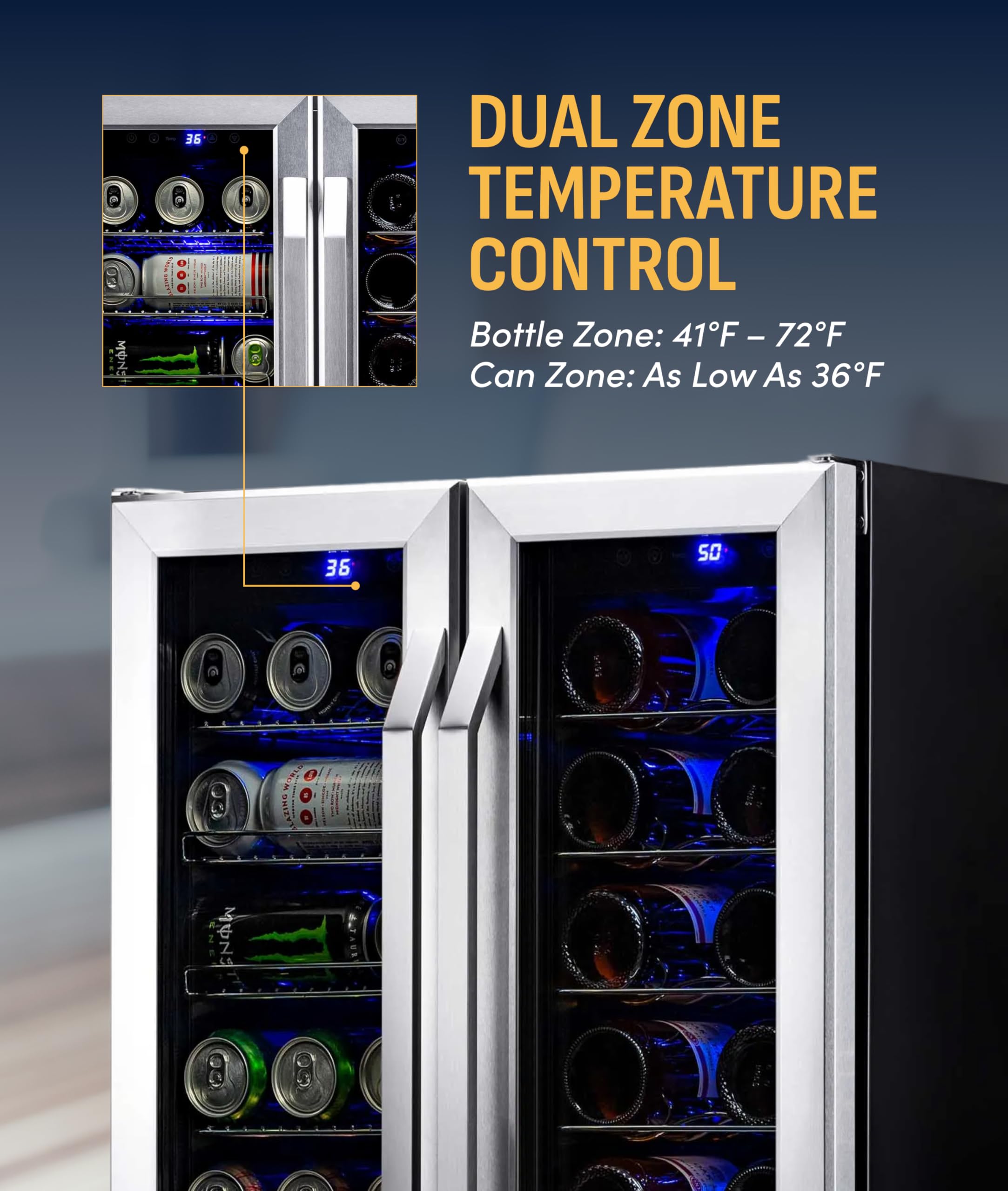 NewAir 24" Dual Zone Beverage Refrigerator & Wine Cooler For 18 Bottles & 60 Cans | Freestanding Or Built-In Under Counter Mini Fridge For Beer, Wine And Soda | Stainless Steel on Fridge.com - View 5