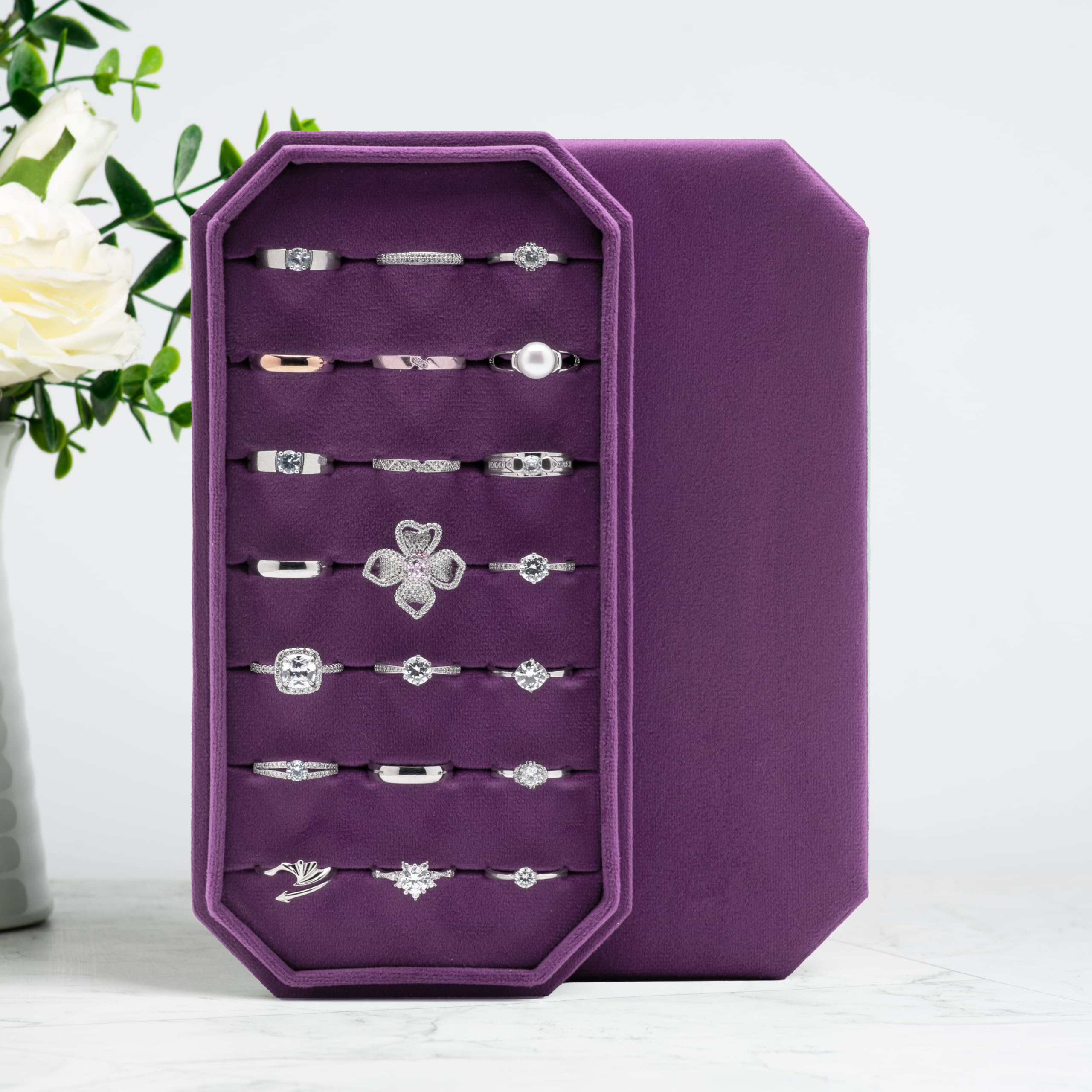 COWFEX Velvet Ring Organizer Display Tray Jewelry Box Earring Holder Case for Wedding Birthday Christmas Day (): Purple