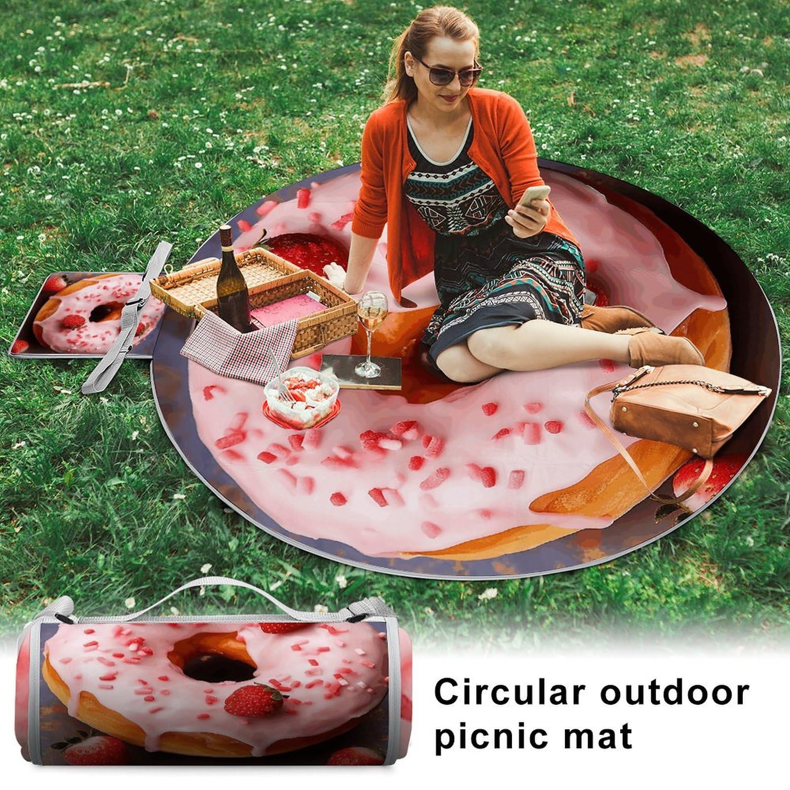Manta redonda plegable ligera para pícnic, diseño de rosquilla de fresa, impermeable, para exteriores, para primavera, verano, camping, parque, viajes, hierba