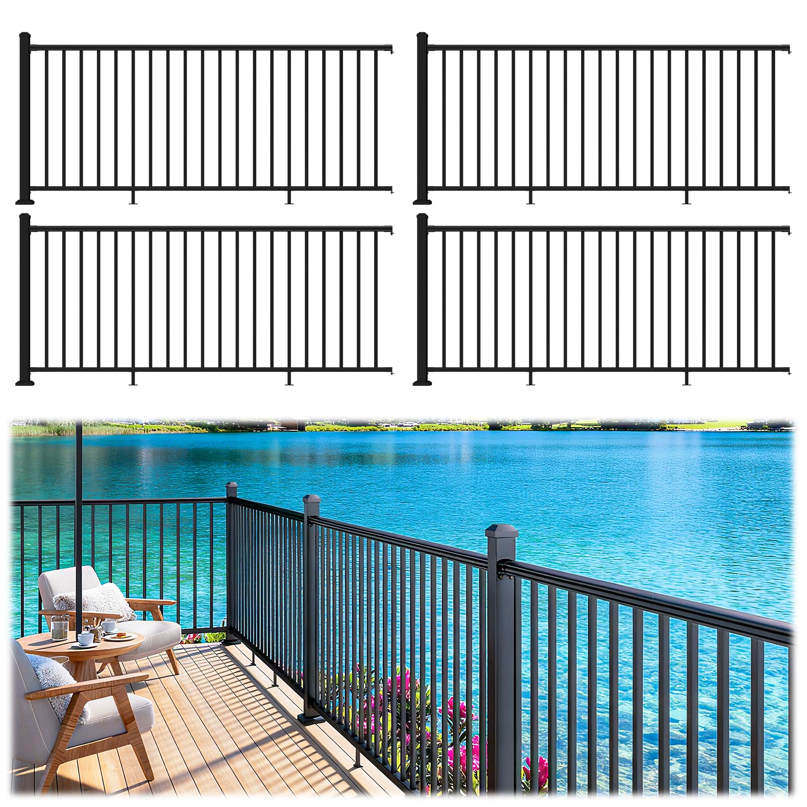 egadis 42 in. h x 32 ft. w porch and deck railing kit, aluminum railing kit, black textured aama 2604 powder-coat finish rail system for outdoor decks, porches & balconies (4 post, 4 panel)