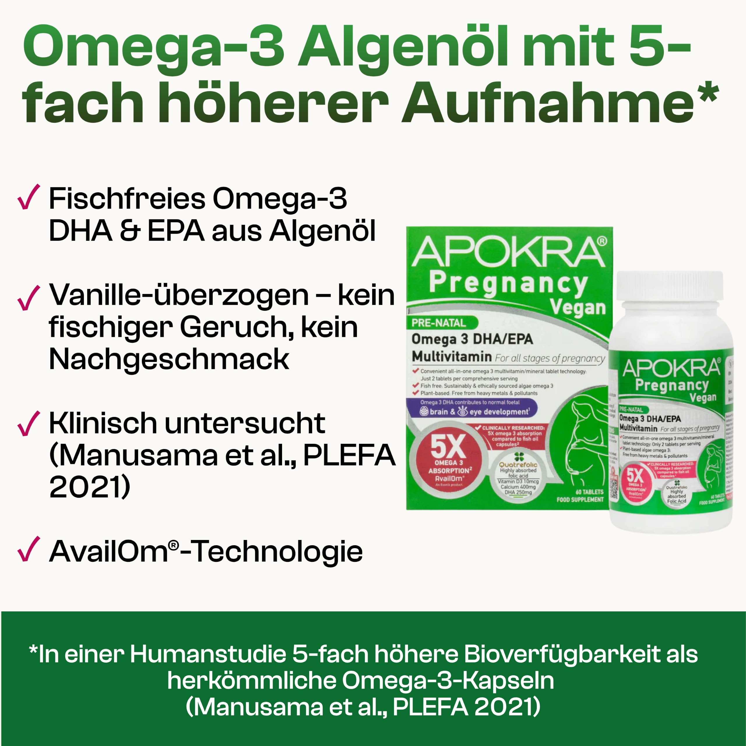 Schwangerschaftsvitamine Vegan – Omega-3 Algenöl & Folsäure (Quatrefolic) – 25 Nährstoffe für Kinderwunsch & Schwangerschaft mit Eisen, Jod & DHA – 60 Tabletten | APOKRA