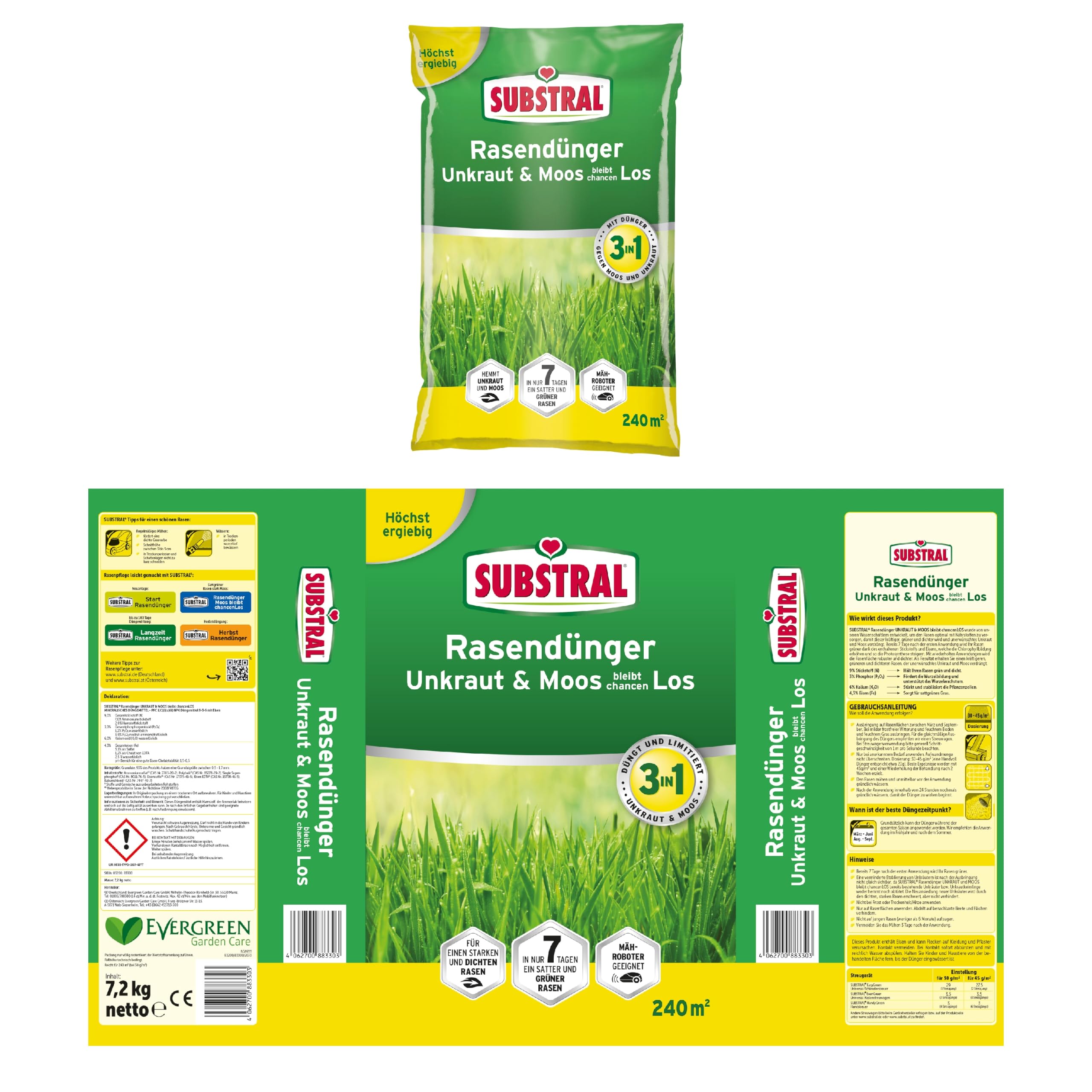 Substral Rasendünger Unkraut & Moos bleibt chancenlos 7,2kg 240m²
