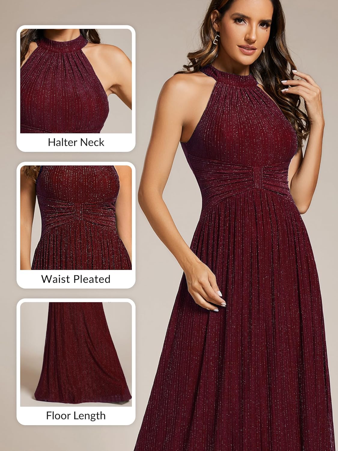 Ever-Pretty Women's Glitter Halter Sleeveless Formal Dresses Evening Gowns Pleated A-line Wedding Guest Dress 41961 - Image 4