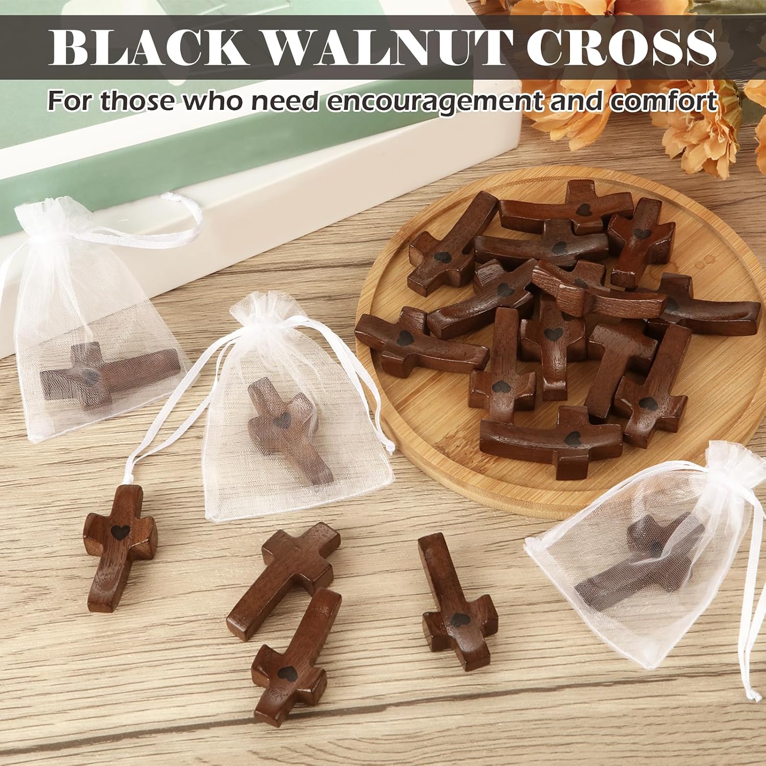 LDHHYH 30 PCS Wooden Cross Fidget with Organza Bags, Pocket Cross in Bulk, Cross My Heart | Encouragement Gift, Inspirational Easter Gift for Christian Faith, Prayer, Easter Day Gifts