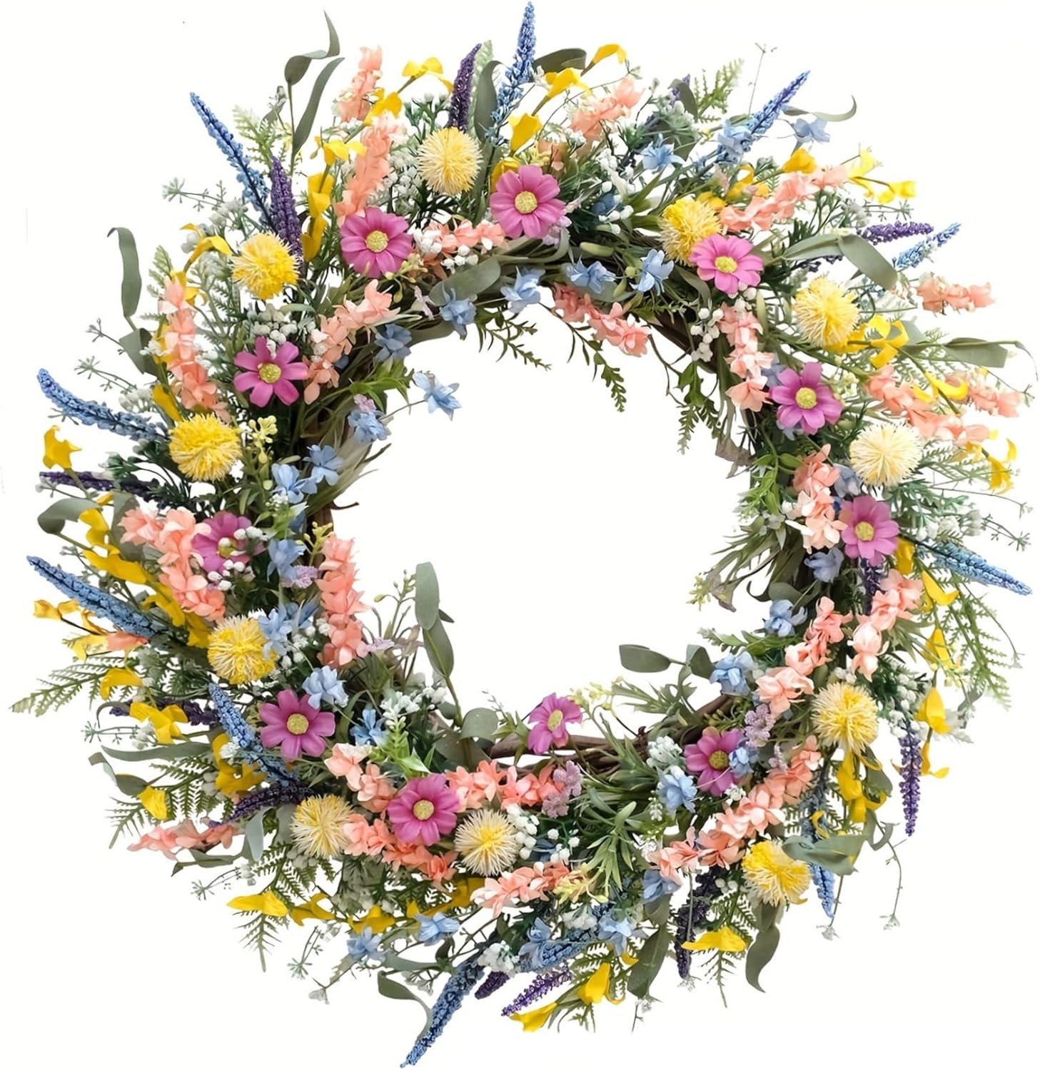Spring Wreaths, Spring Wreaths for Front Door, 18 Inch Floral Wreath with Lavender and Daisy, Colorful Welcome Wreath for Indoor and Outdoor Door Decor Wall Decor, Front